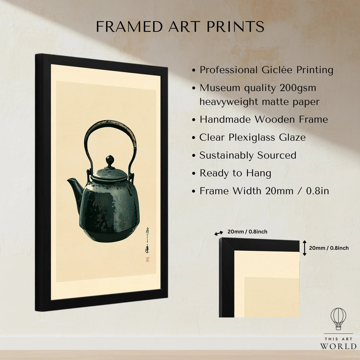 Japanese Tea Art Print – Vintage Teapot Kitchen Wall Art — framed print details measurements quality details