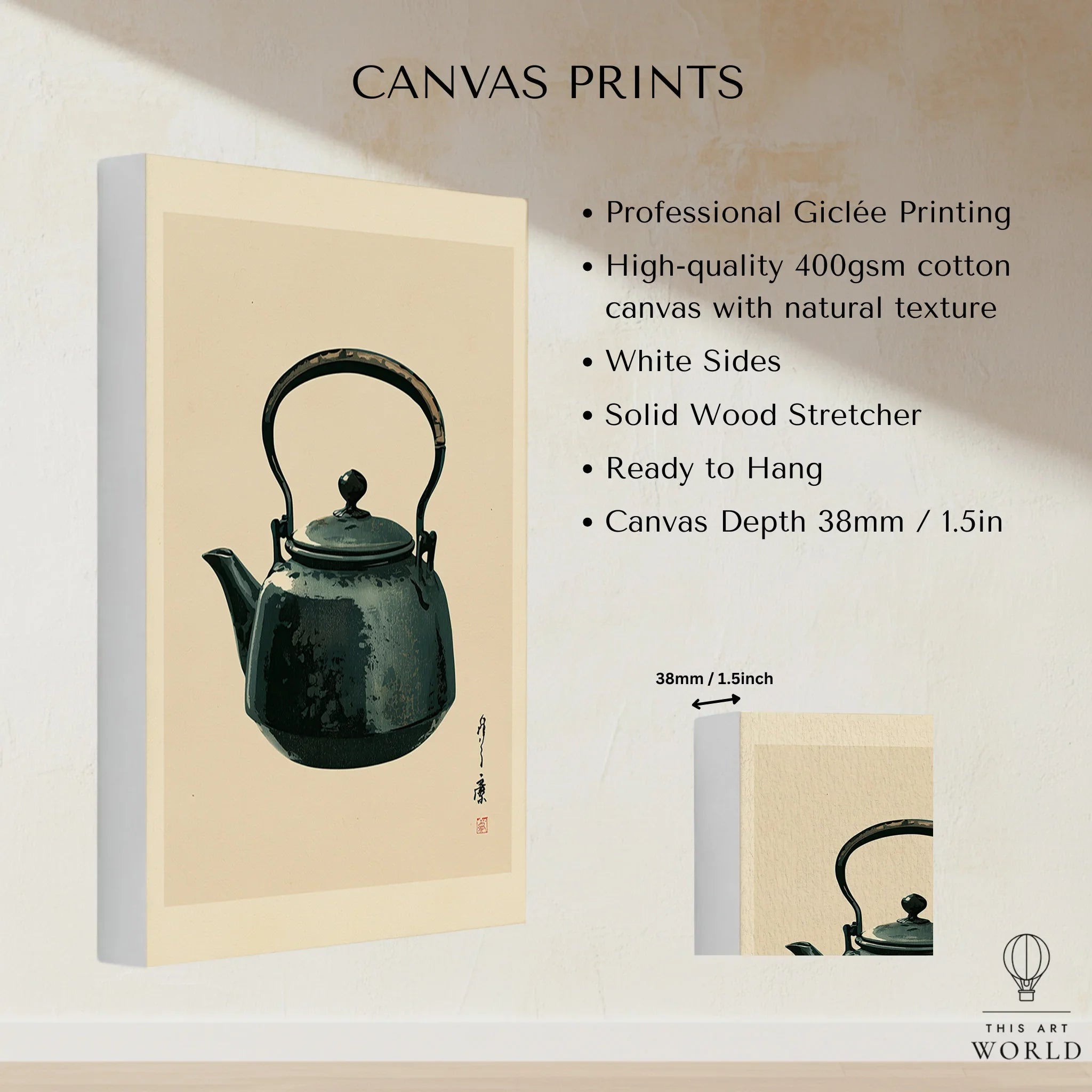 Japanese Tea Art Print – Vintage Teapot Kitchen Wall Art — canvas print stretched cotton canvas details