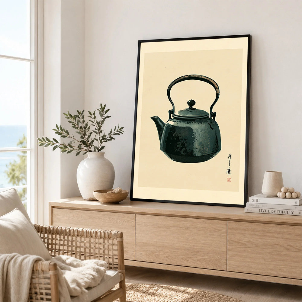 Japanese Tea Art Print – Vintage Teapot Kitchen Wall Art — framed artwork living room lifestyle setting