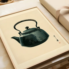Japanese Tea Art Print – Vintage Teapot Kitchen Wall Art — framed art print closeup gift unwrapped natural frame