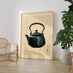 Japanese Tea Art Print – Vintage Teapot Kitchen Wall Art — large framed print room setting chair plant