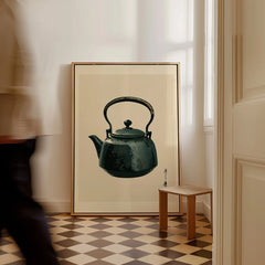 Japanese Tea Art Print – Vintage Teapot Kitchen Wall Art — framed canvas on floor man walking past