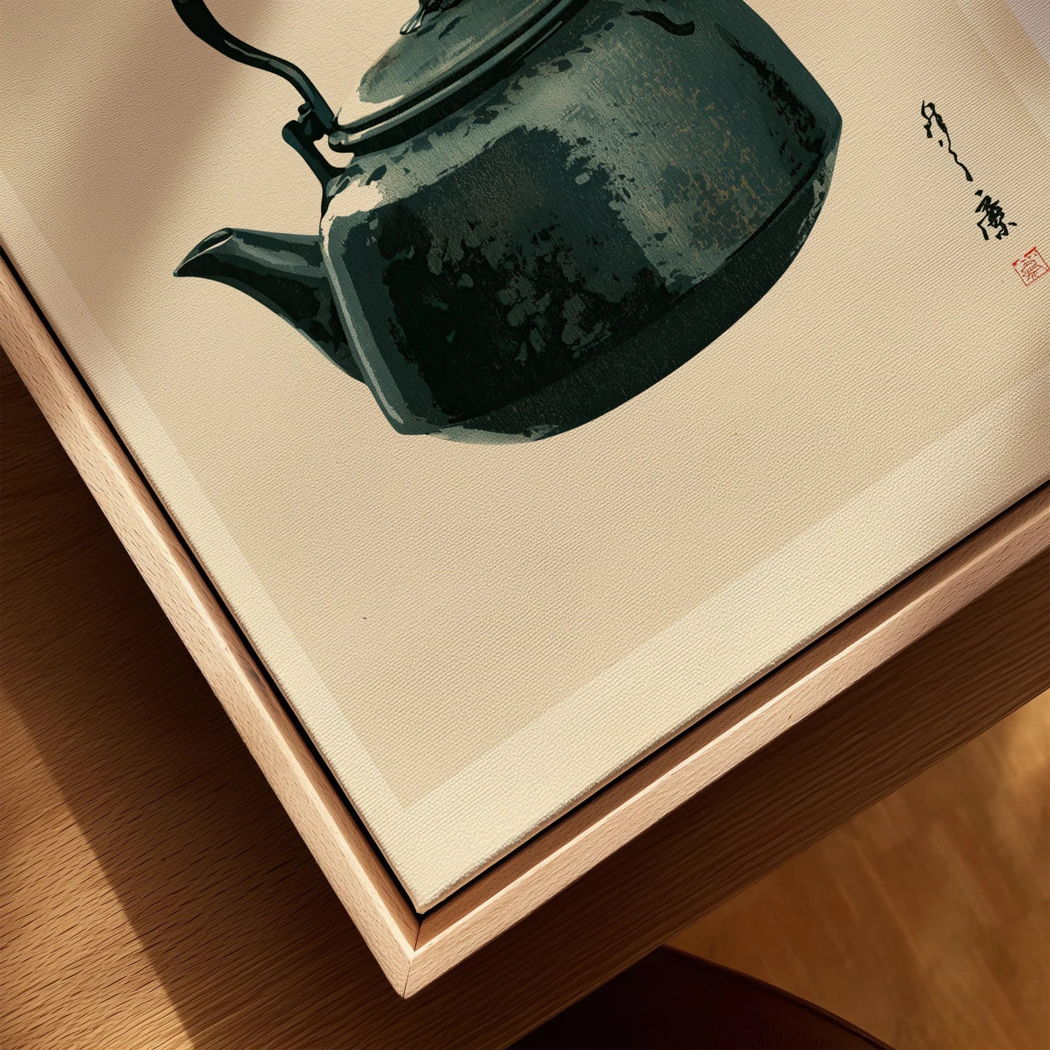 Japanese Tea Art Print – Vintage Teapot Kitchen Wall Art — closeup framed canvas natural wood floating frame