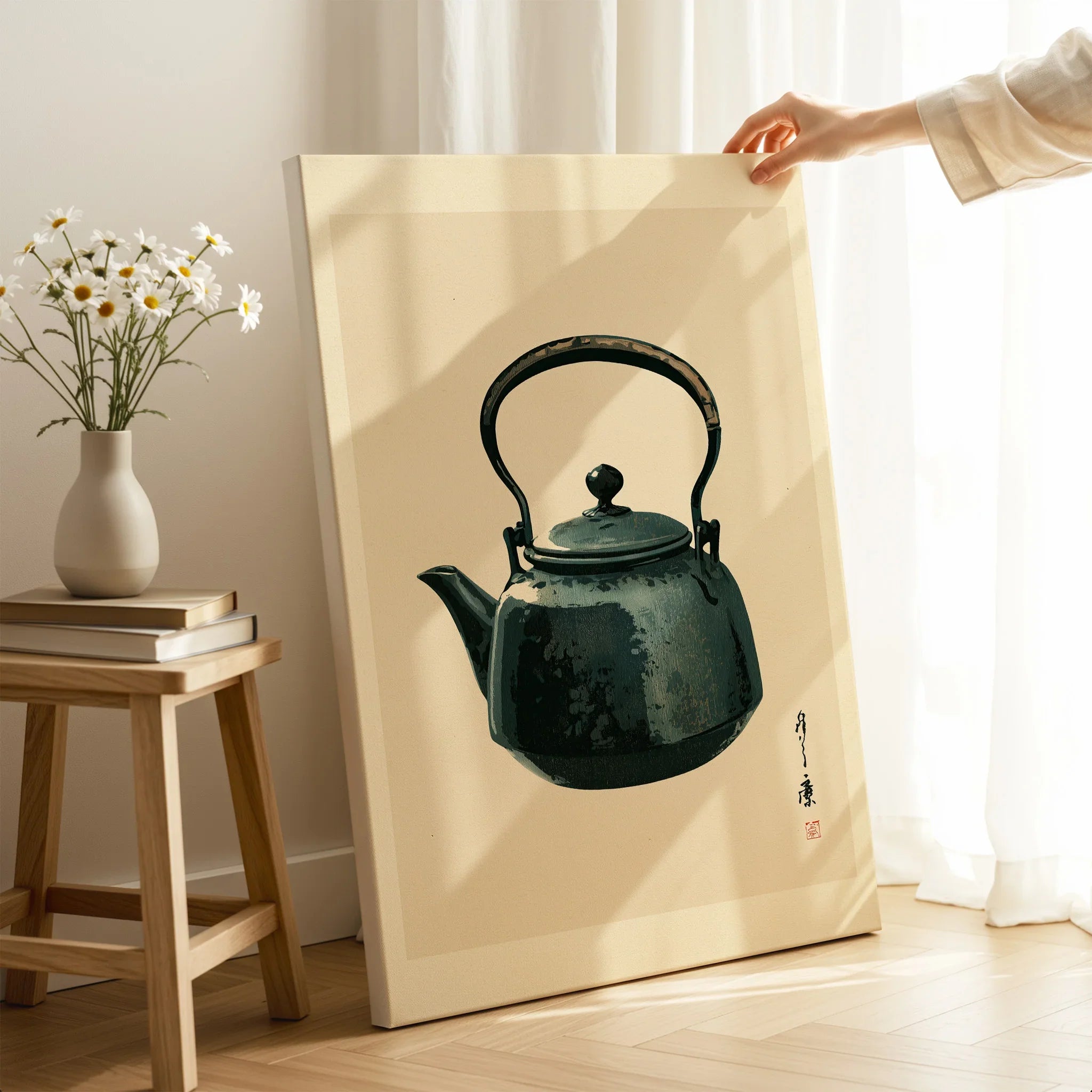 Japanese Tea Art Print – Vintage Teapot Kitchen Wall Art — canvas print mirror edge hand holding room setting