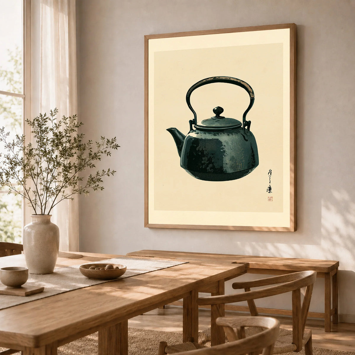 Japanese Tea Art Print – Vintage Teapot Kitchen Wall Art — dining room framed print natural wood frame