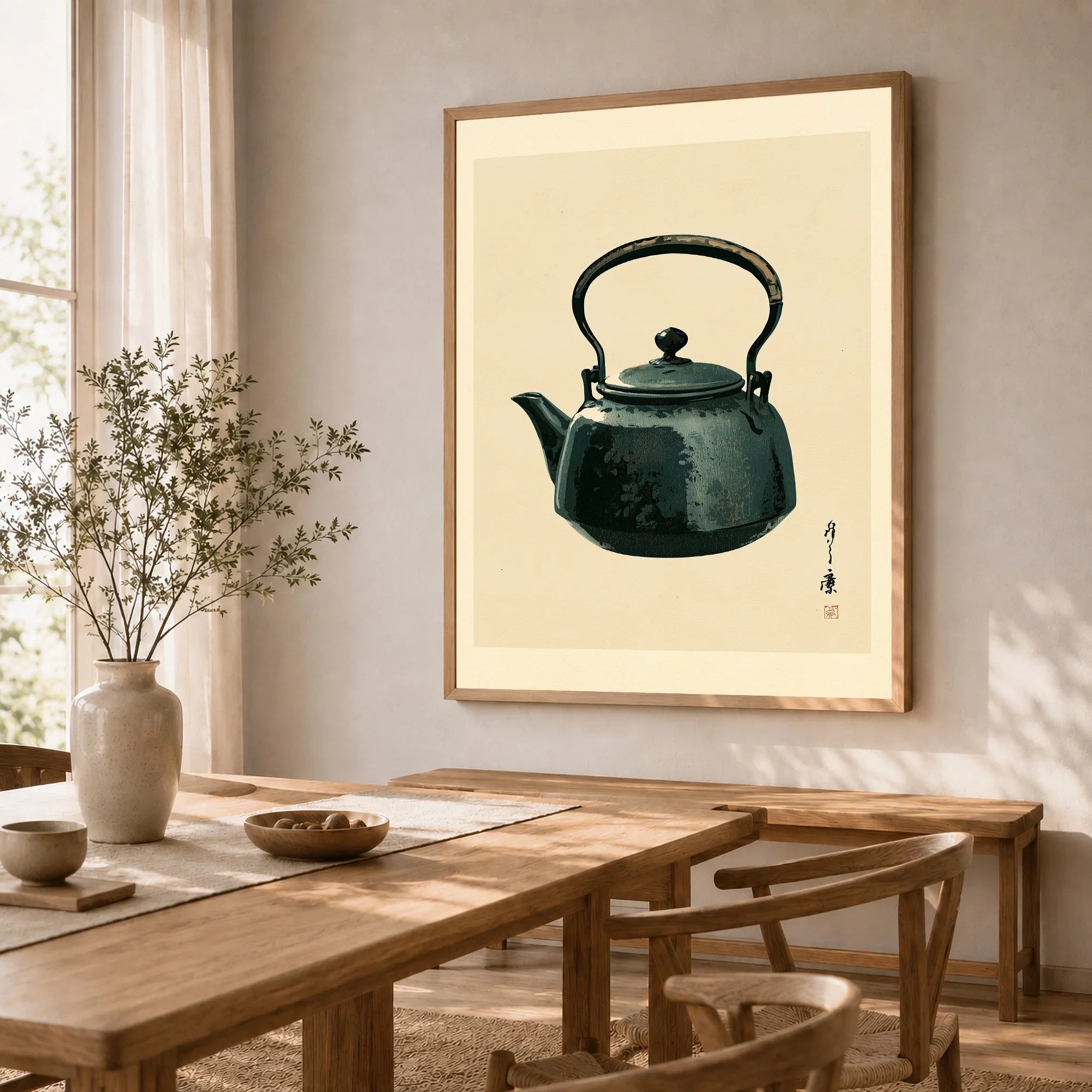 Japanese Tea Art Print – Vintage Teapot Kitchen Wall Art — dining room framed print natural wood frame