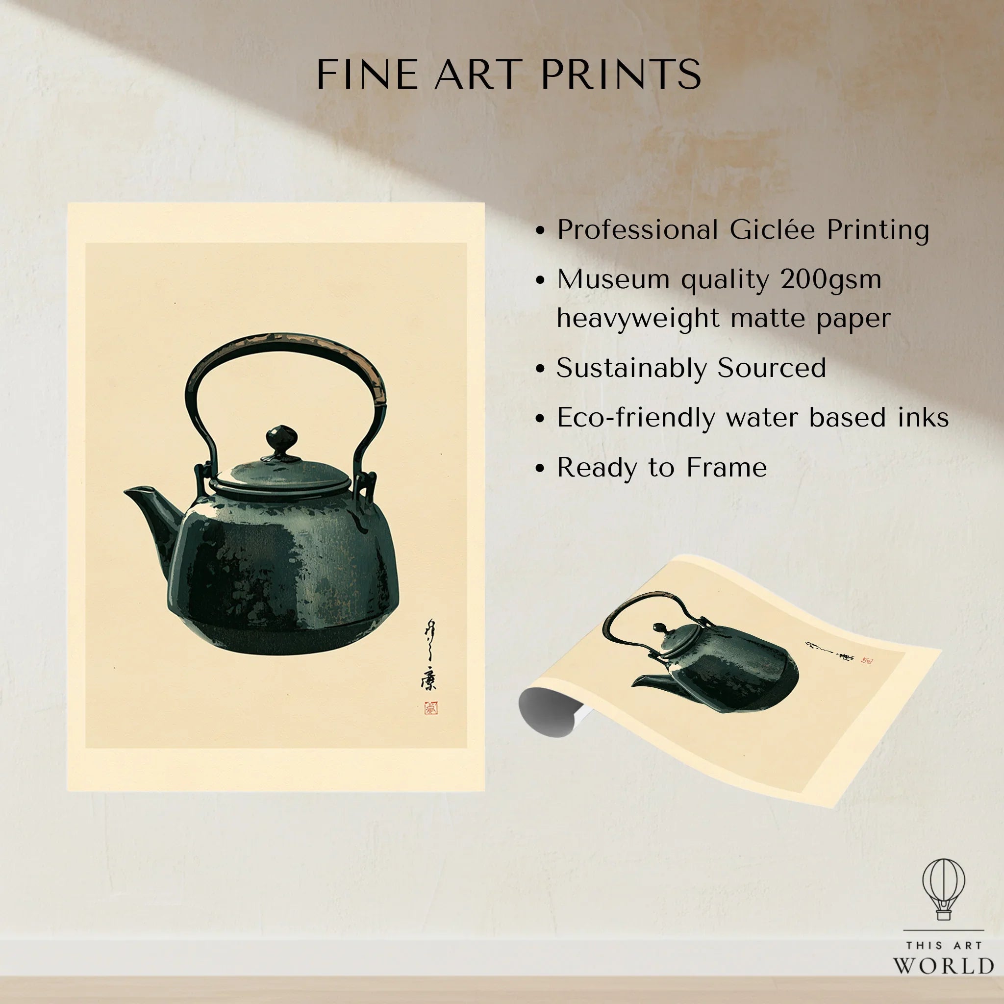 Japanese Tea Art Print – Vintage Teapot Kitchen Wall Art — fine art print unframed quality details