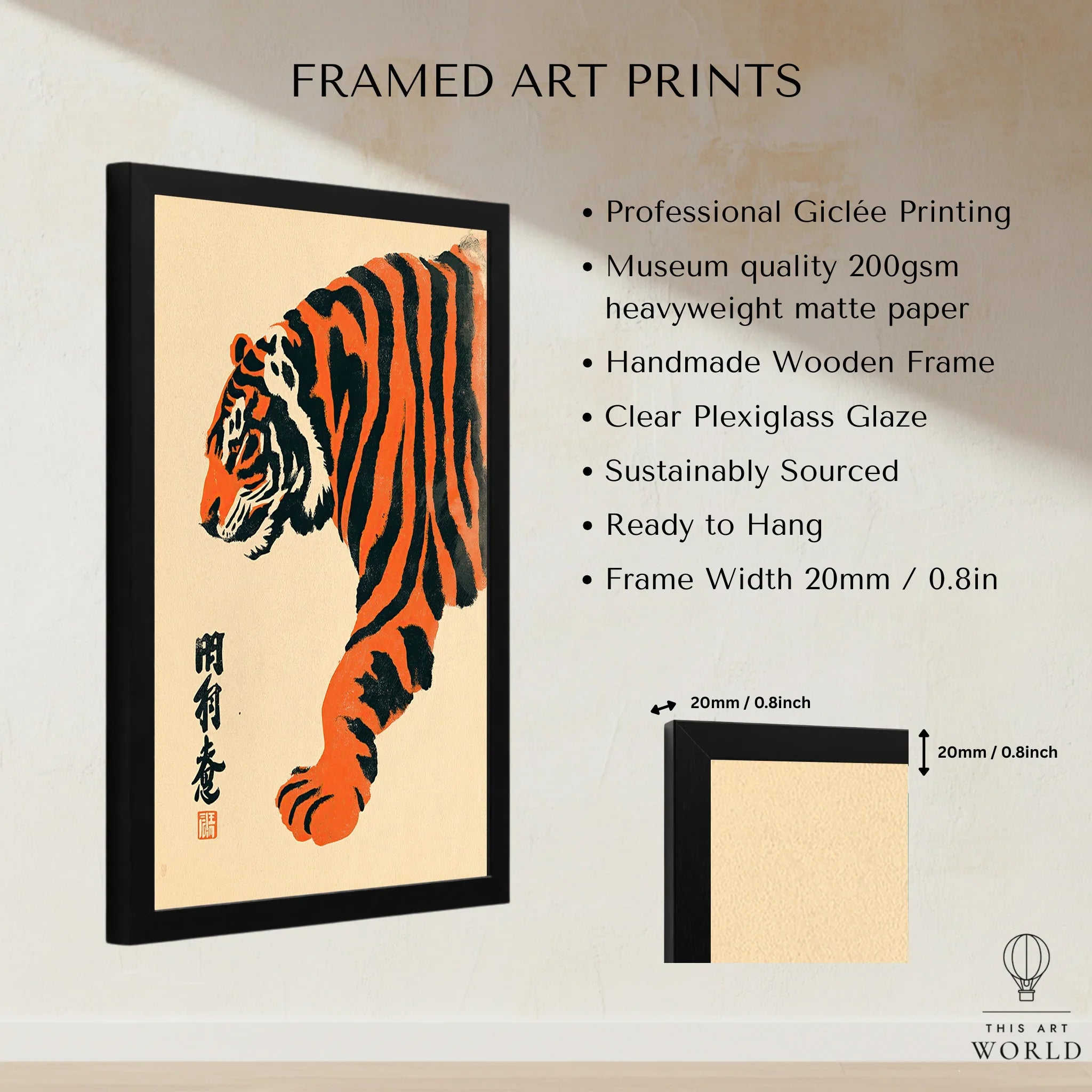 Japanese Tiger Art Print – Vintage Ukiyo-e Style Wall Art — framed print details measurements quality details