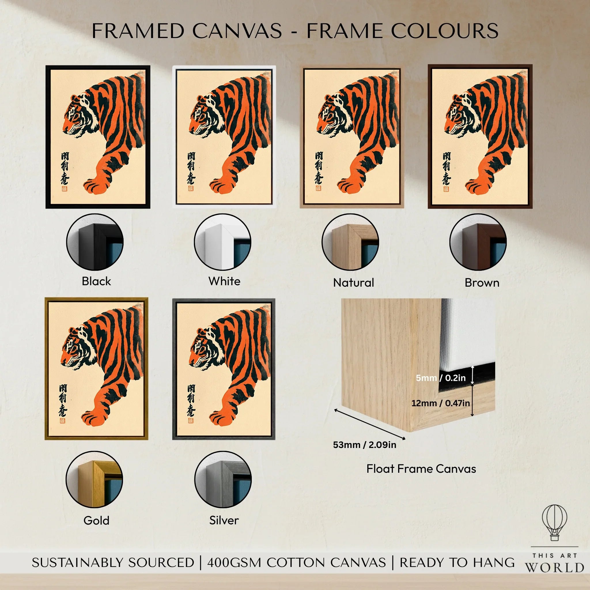 Japanese Tiger Art Print – Vintage Ukiyo-e Style Wall Art — framed canvas float frame colour options