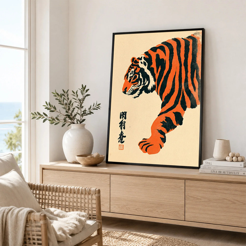 Japanese Tiger Art Print – Vintage Ukiyo-e Style Wall Art — framed artwork living room lifestyle setting