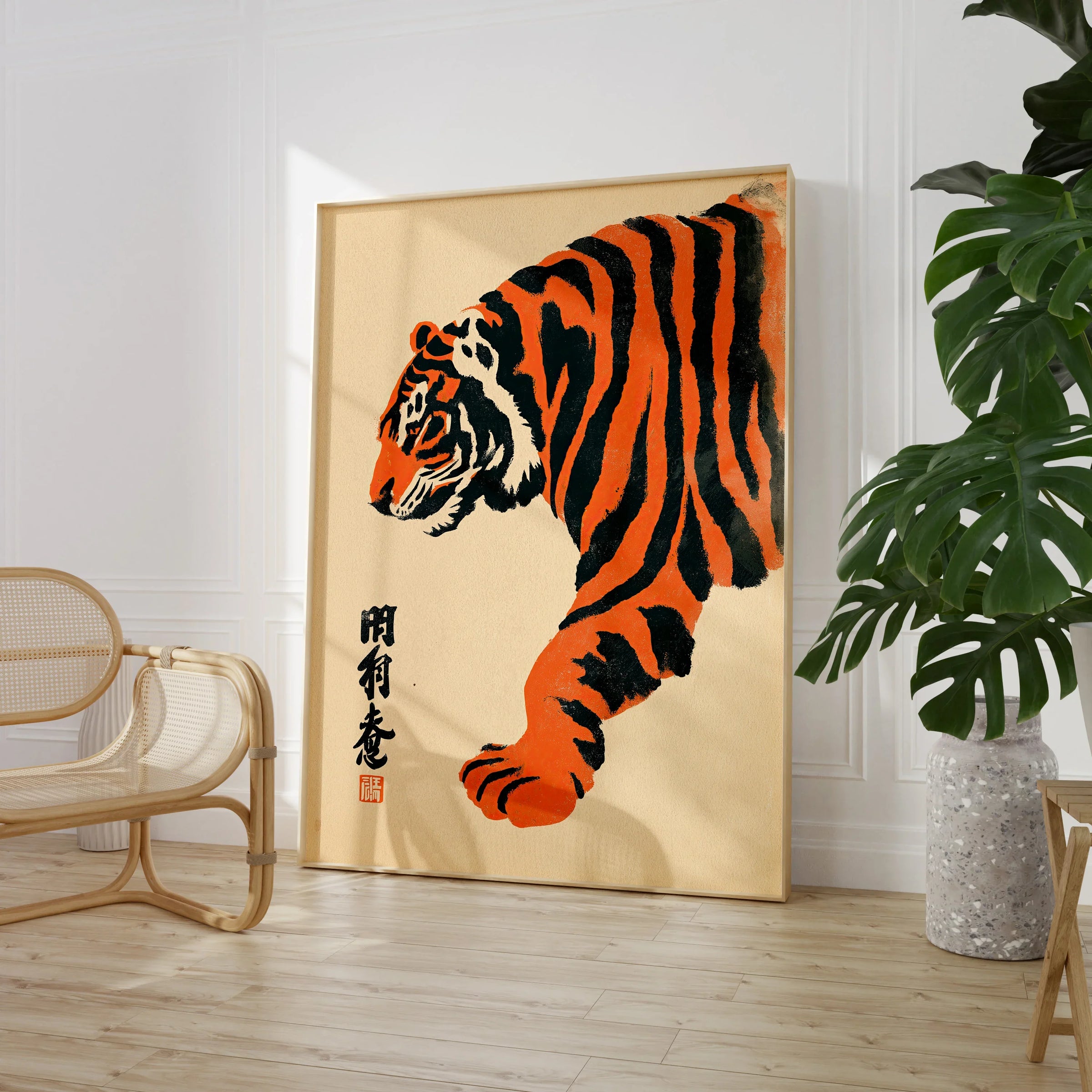 Japanese Tiger Art Print – Vintage Ukiyo-e Style Wall Art — large framed print room setting chair plant