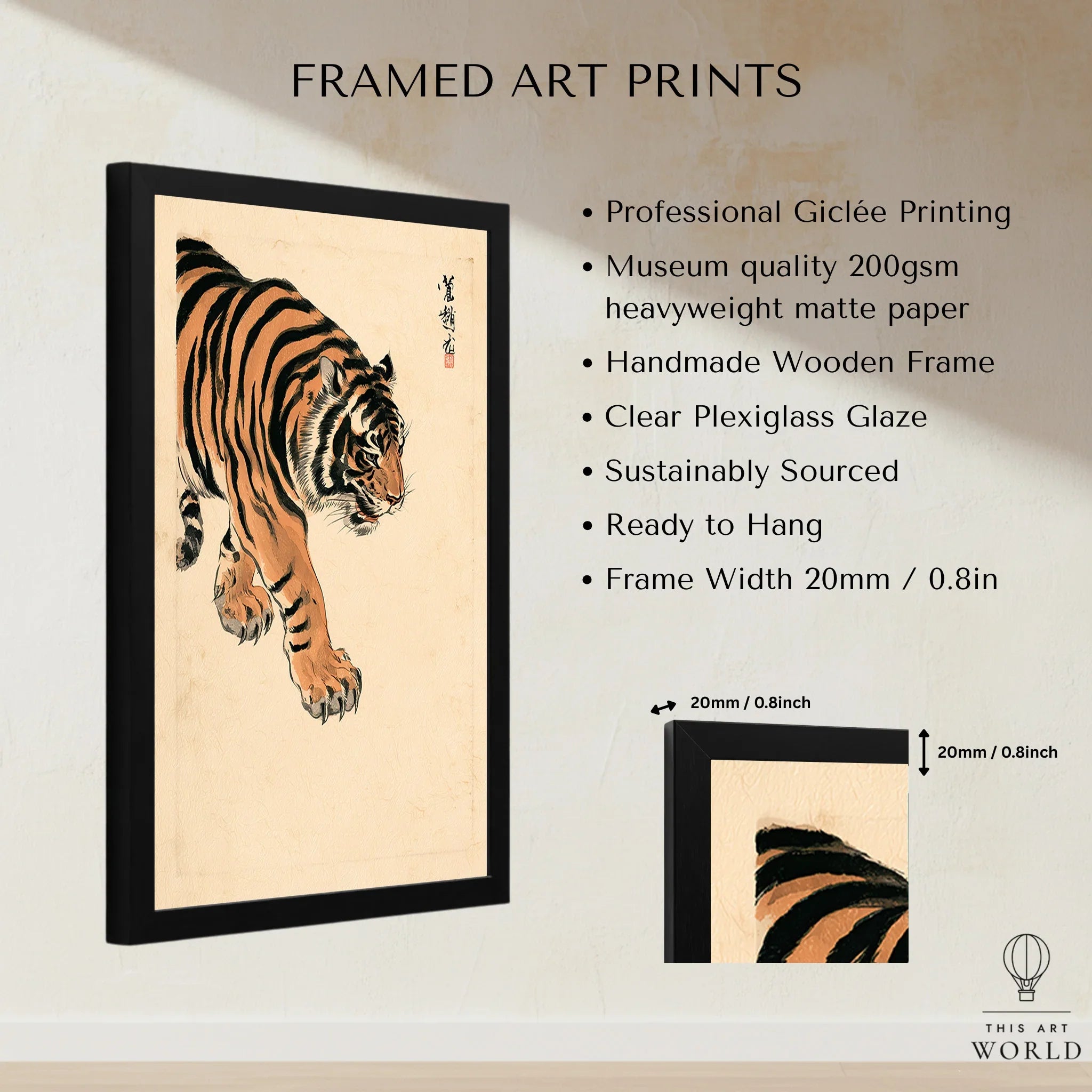 Japanese Tiger Wall Art – Vintage Japanese Animal Print — framed print details measurements quality details
