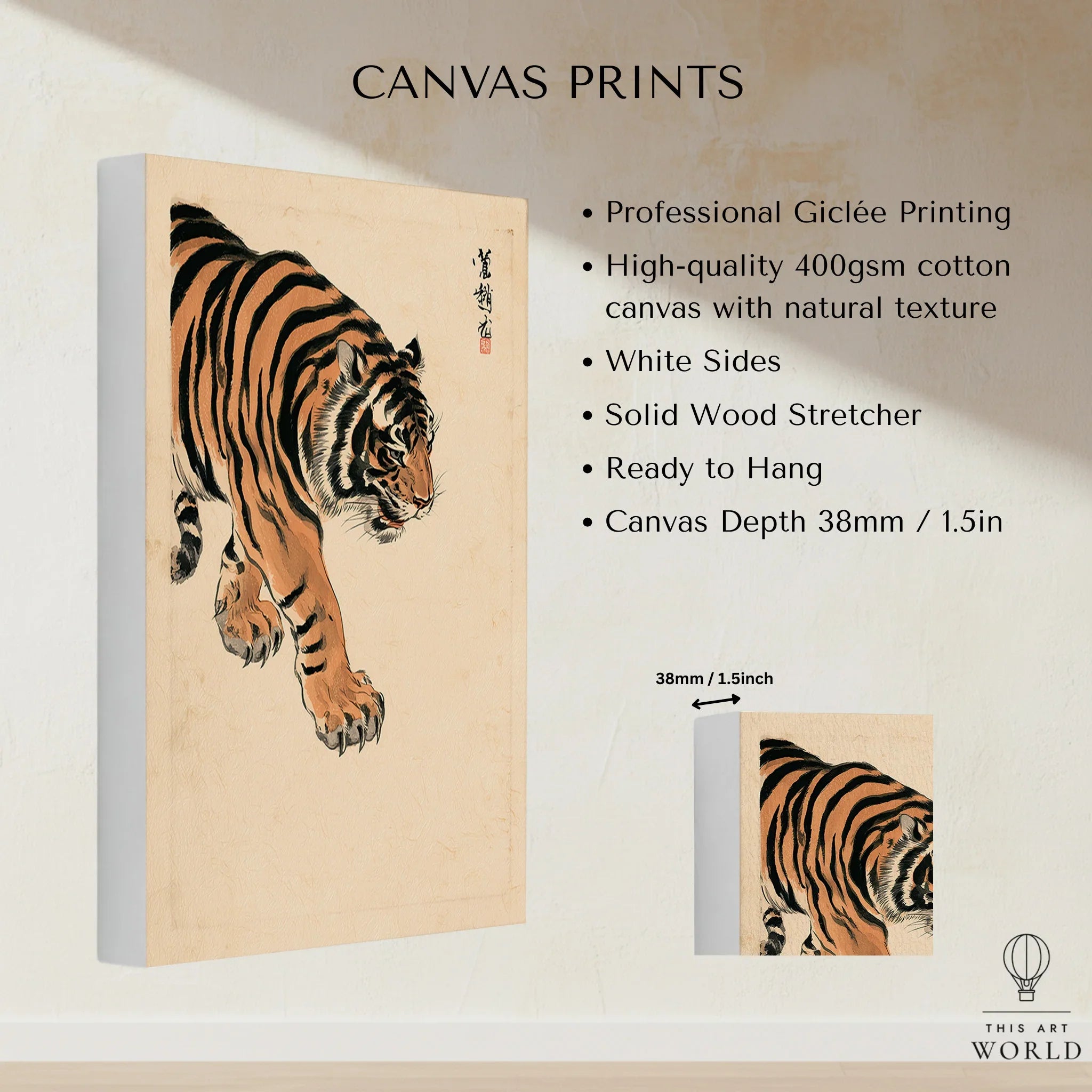 Japanese Tiger Wall Art – Vintage Japanese Animal Print — canvas print stretched cotton canvas details
