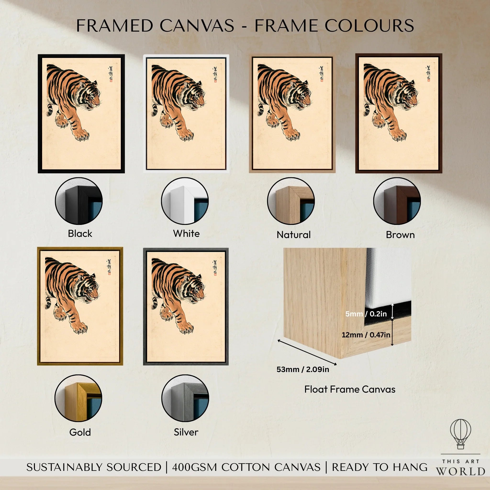 Japanese Tiger Wall Art – Vintage Japanese Animal Print — framed canvas float frame colour options