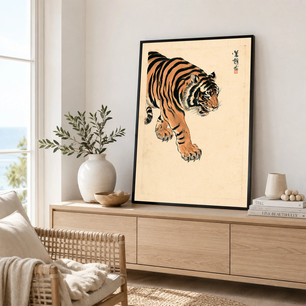 Japanese Tiger Wall Art – Vintage Japanese Animal Print — framed artwork living room lifestyle setting