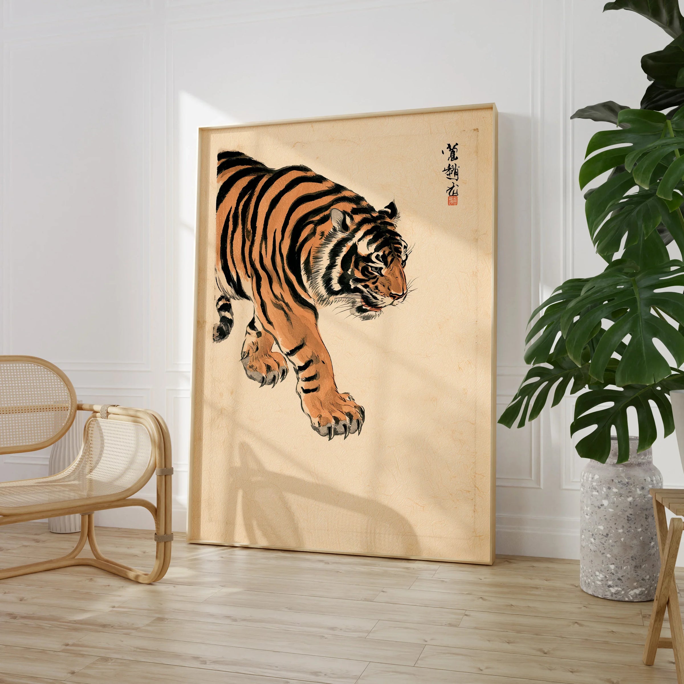 Japanese Tiger Wall Art – Vintage Japanese Animal Print — large framed print room setting chair plant