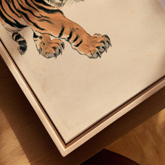 Japanese Tiger Wall Art – Vintage Japanese Animal Print — closeup framed canvas natural wood floating frame