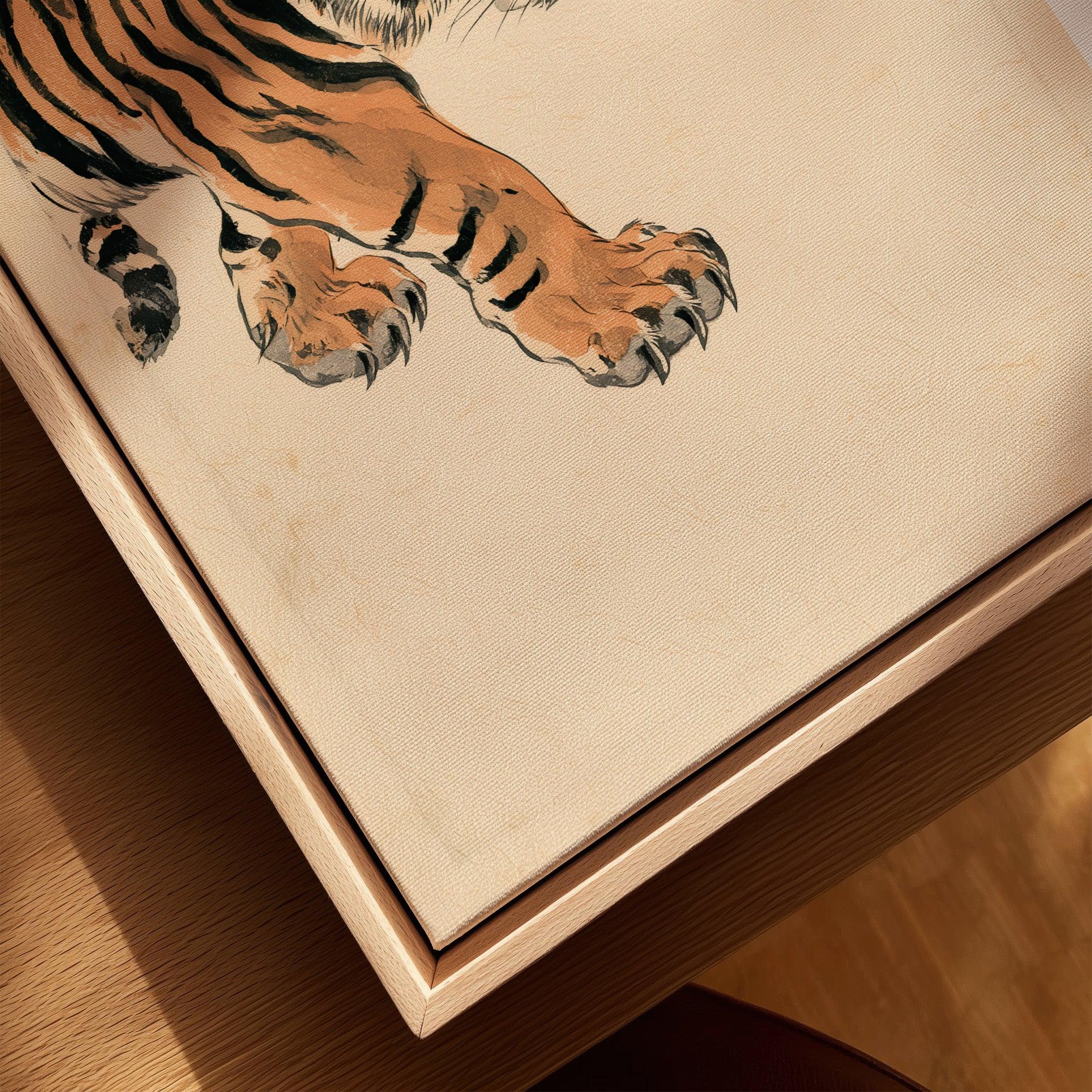 Japanese Tiger Wall Art – Vintage Japanese Animal Print — closeup framed canvas natural wood floating frame
