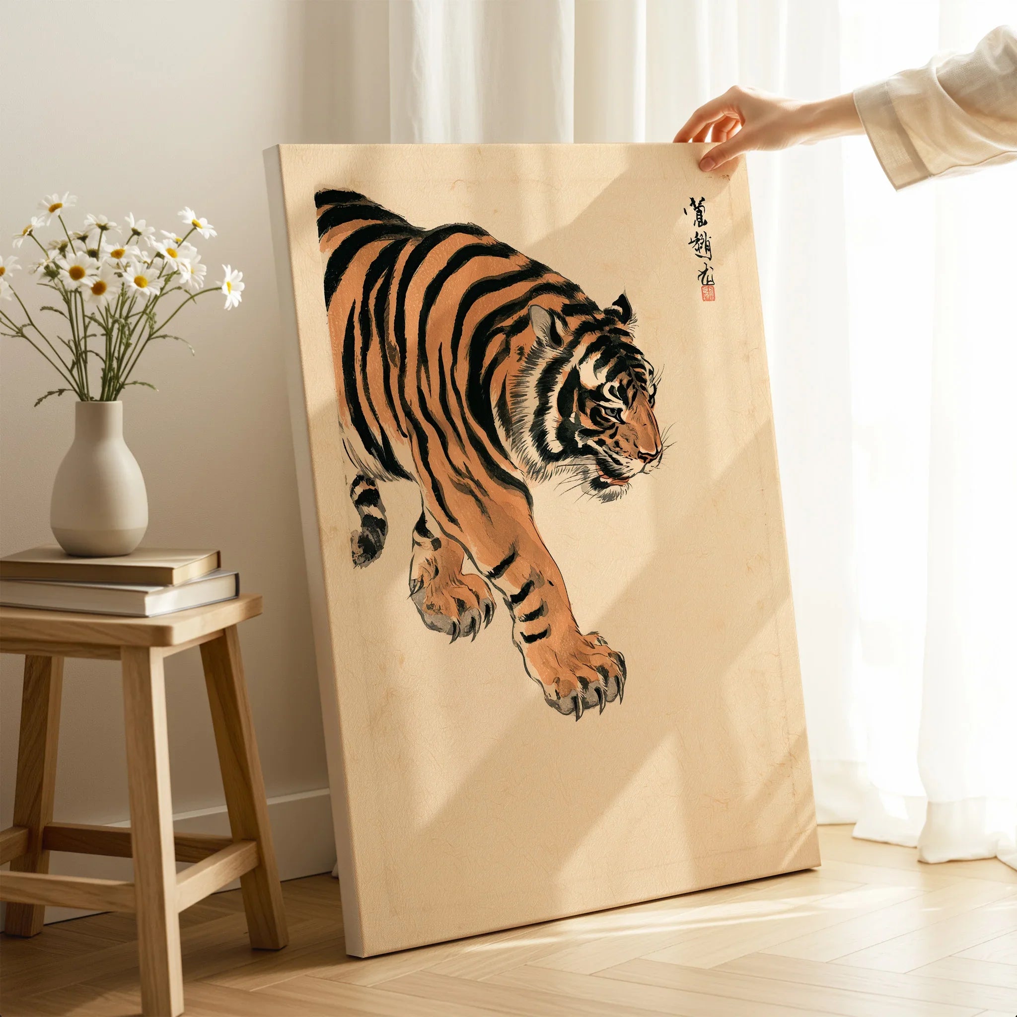 Japanese Tiger Wall Art – Vintage Japanese Animal Print — canvas print mirror edge hand holding room setting