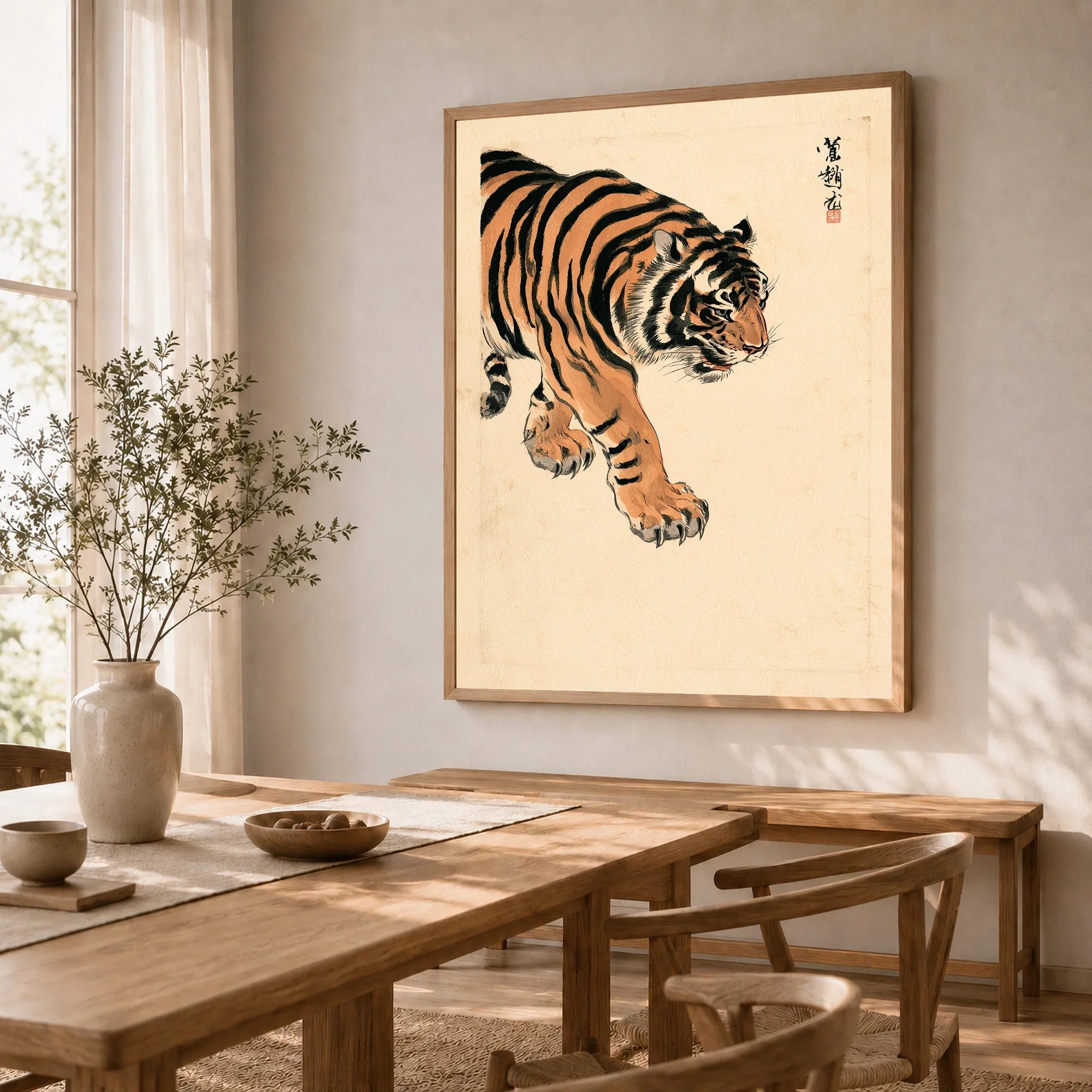 Japanese Tiger Wall Art – Vintage Japanese Animal Print — dining room framed print natural wood frame