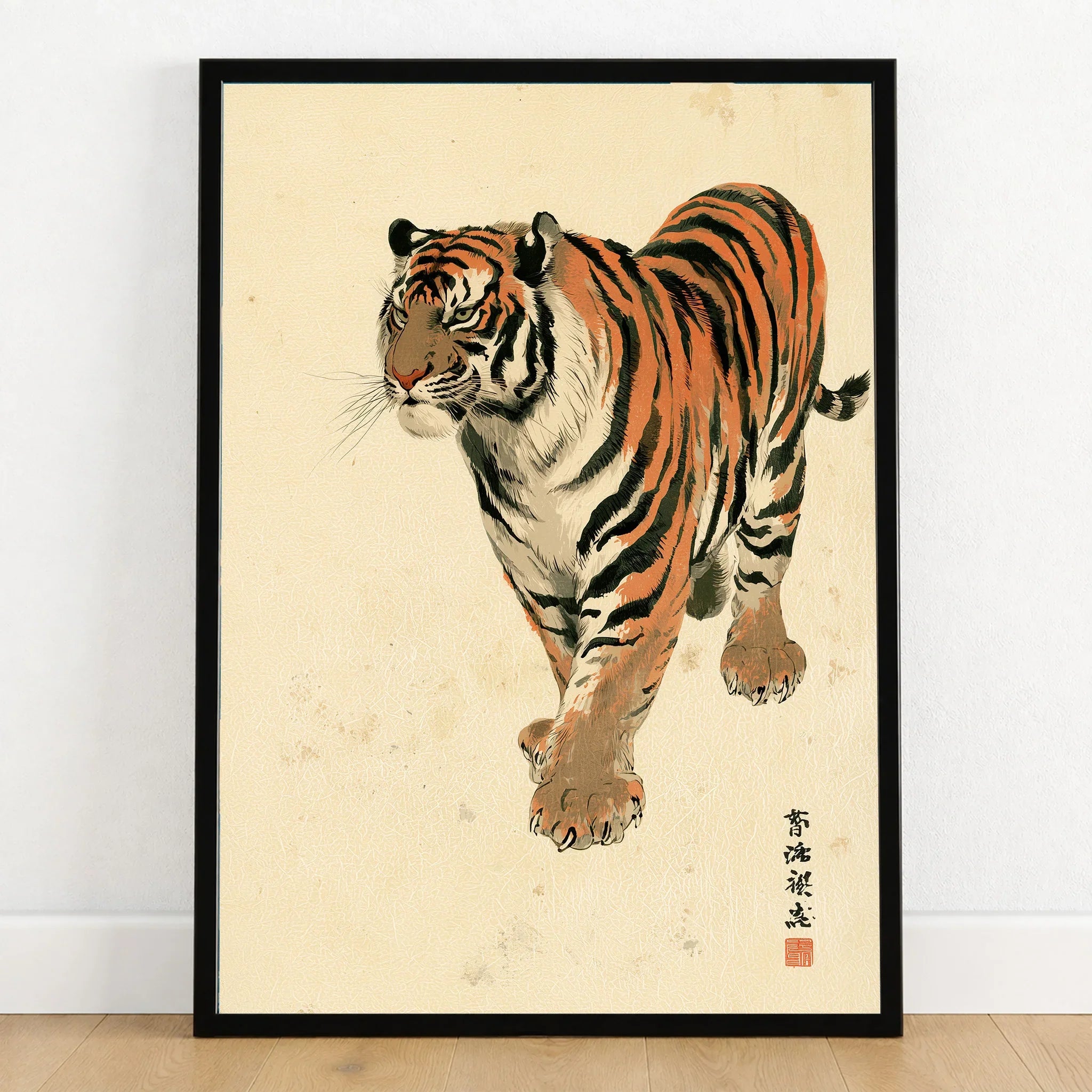 Vintage Japanese Tiger Art Print – Wildlife Wall Art — art print in black frame on wooden floor