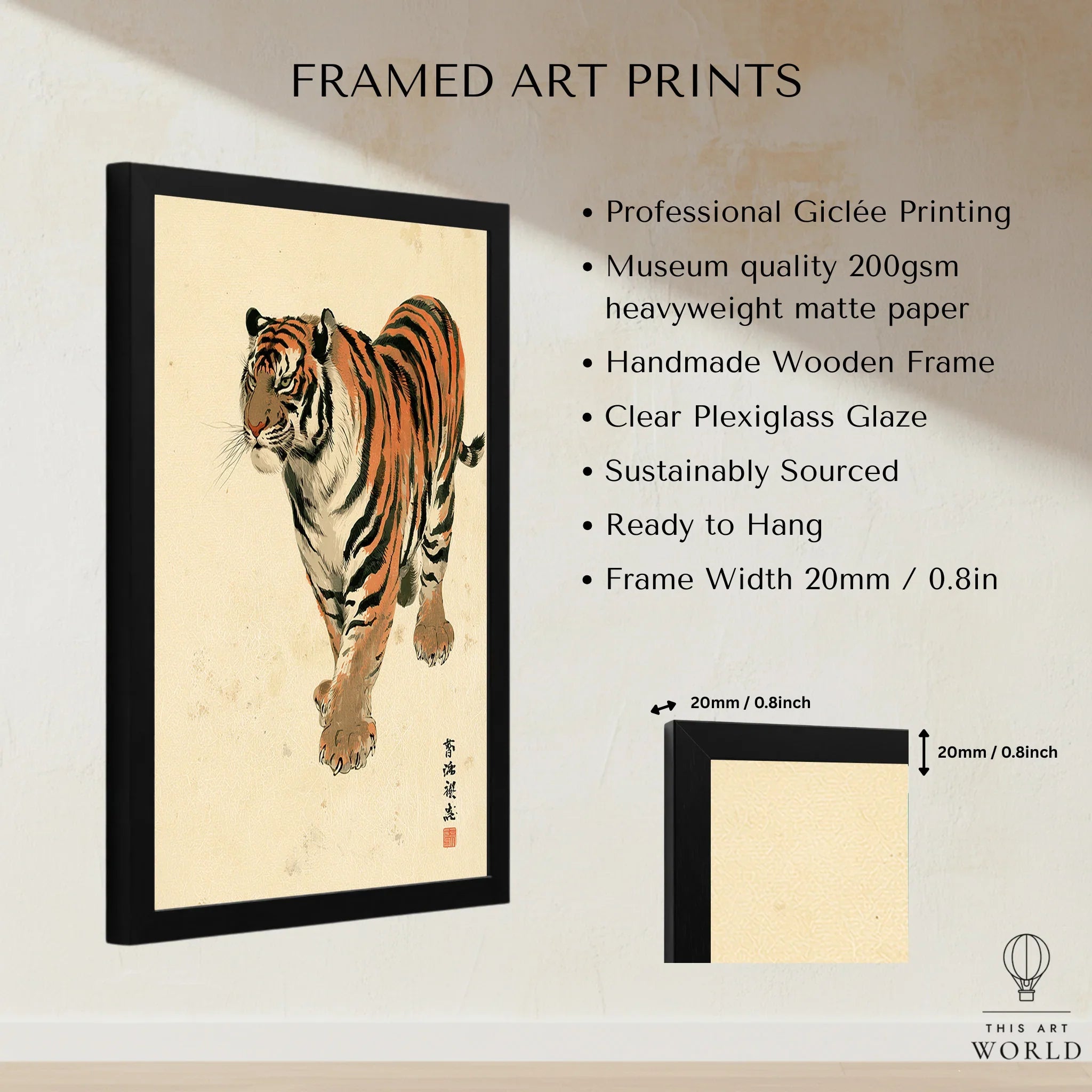 Vintage Japanese Tiger Art Print – Wildlife Wall Art — framed print details measurements quality details
