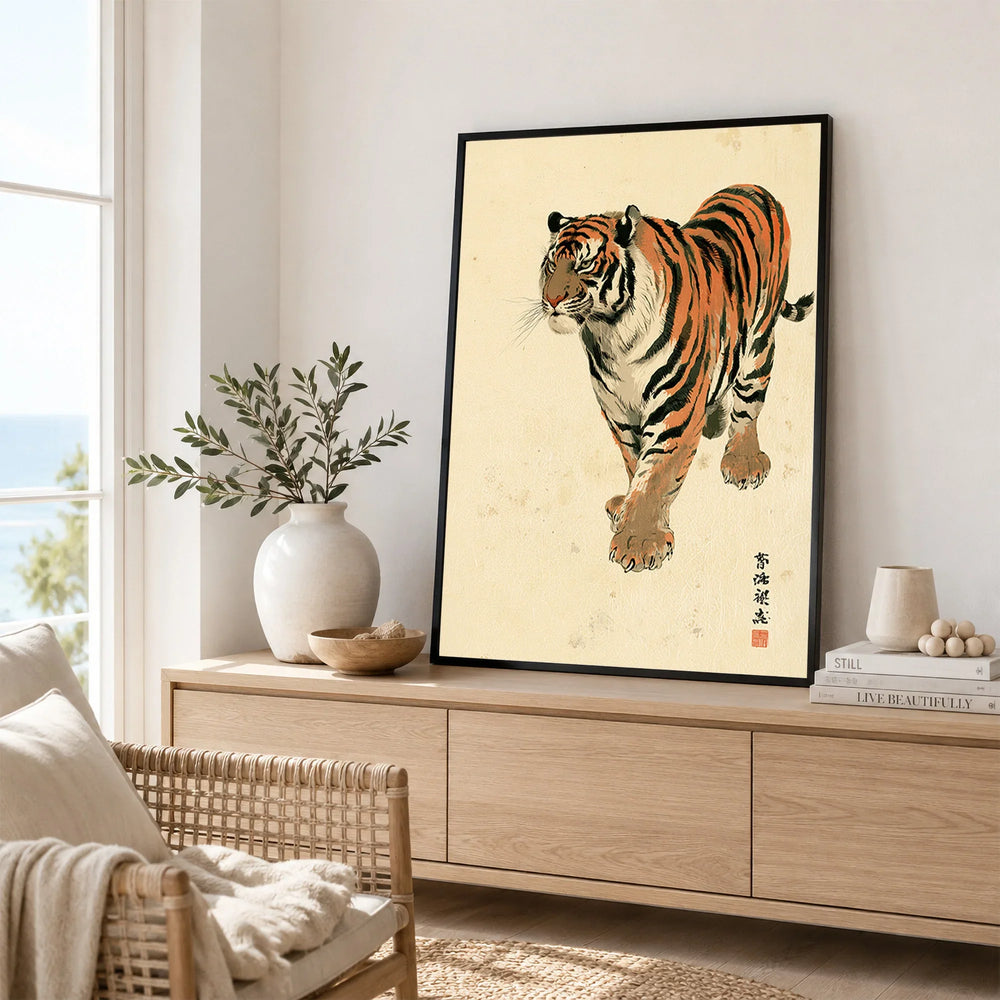 Vintage Japanese Tiger Art Print – Wildlife Wall Art — framed artwork living room lifestyle setting