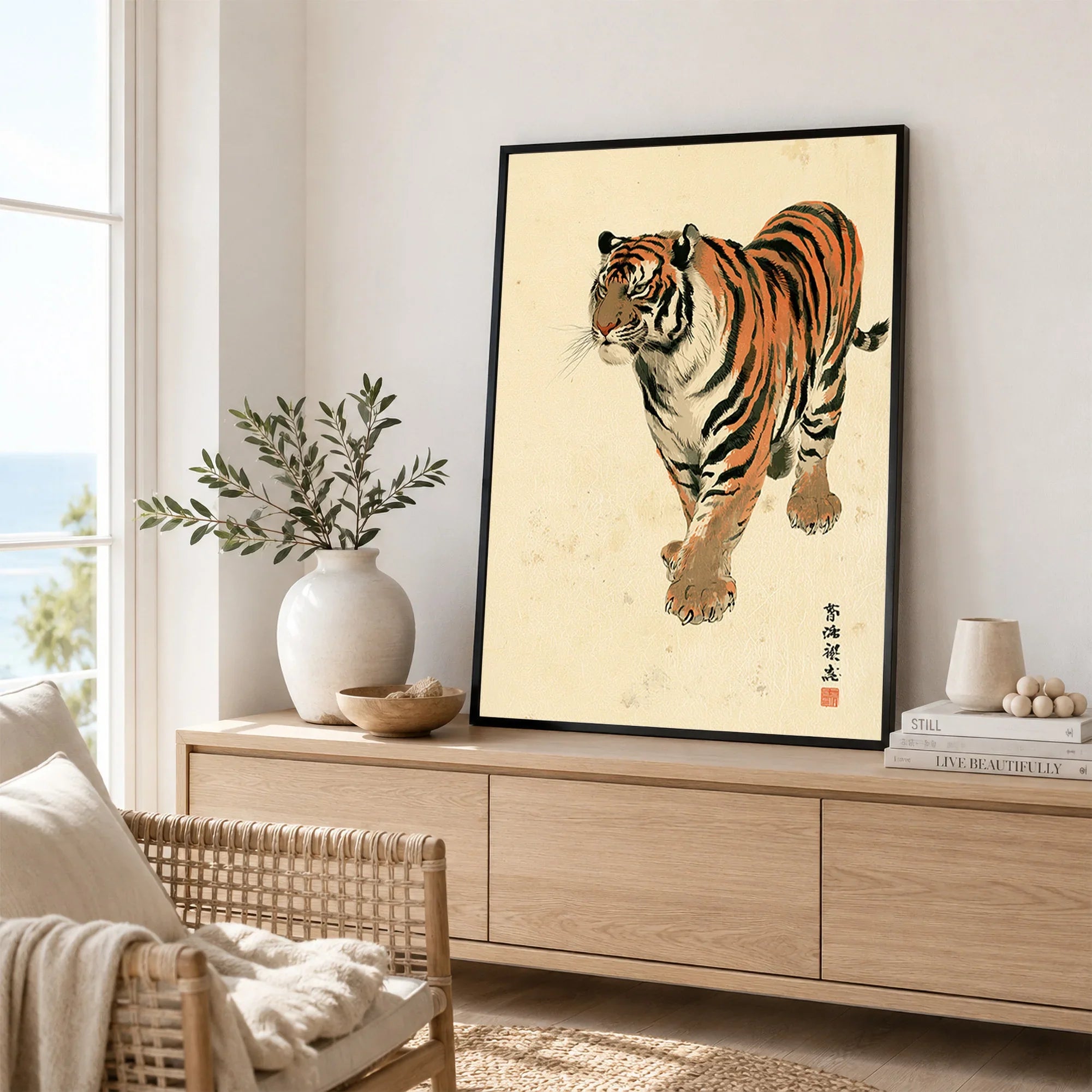 Vintage Japanese Tiger Art Print – Wildlife Wall Art — framed artwork living room lifestyle setting