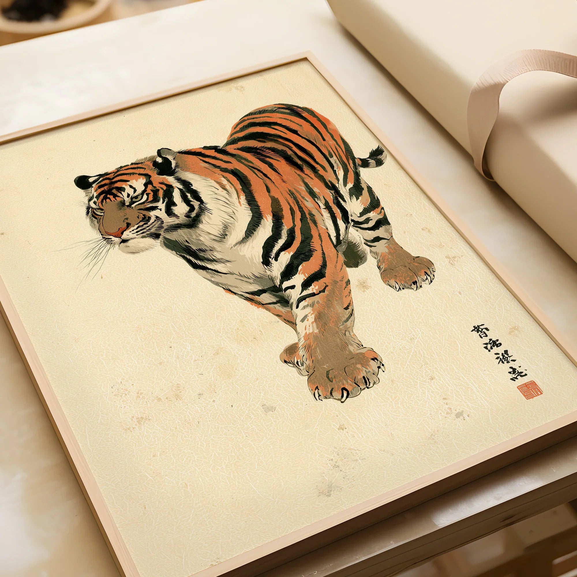 Vintage Japanese Tiger Art Print – Wildlife Wall Art — framed art print closeup gift unwrapped natural frame