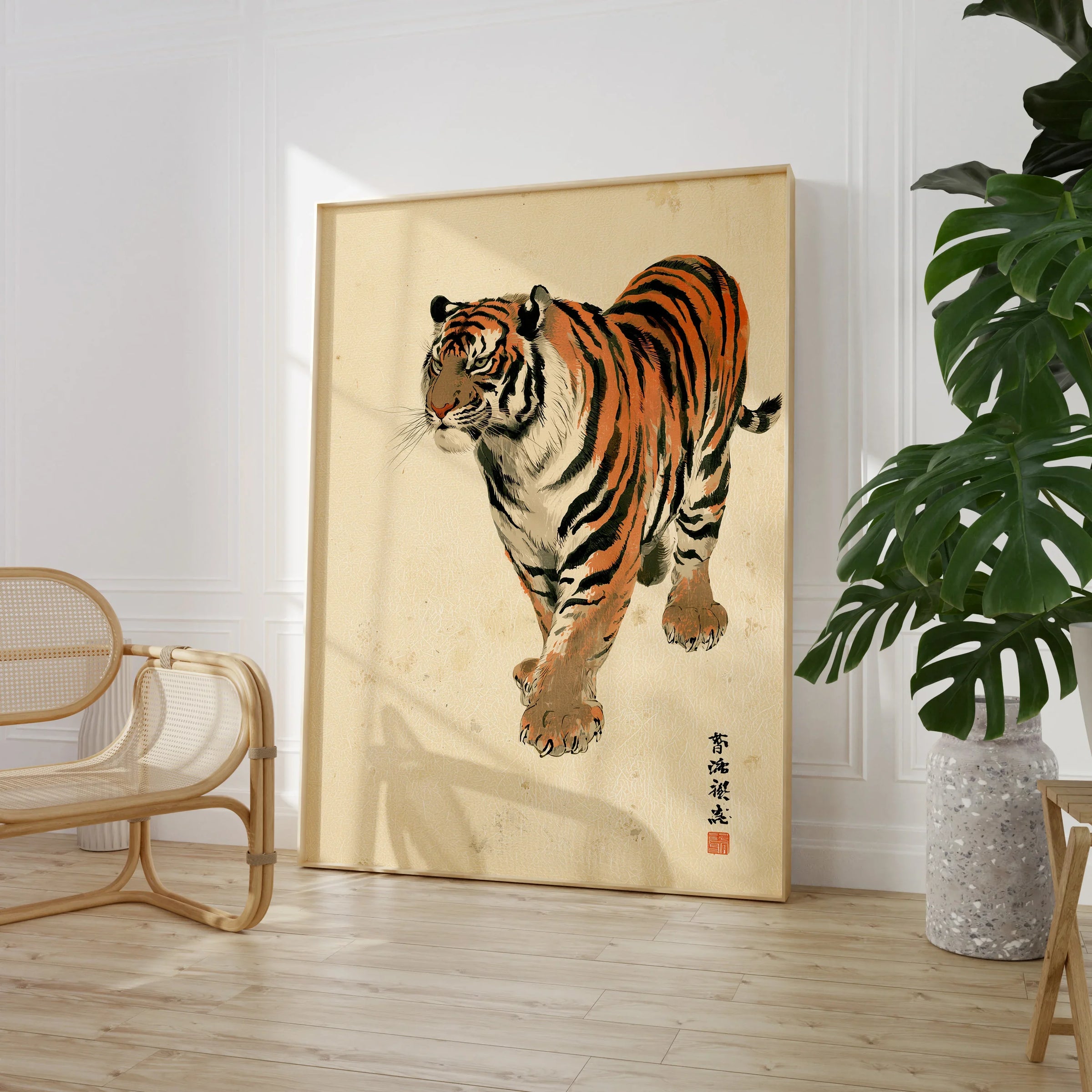 Vintage Japanese Tiger Art Print – Wildlife Wall Art — large framed print room setting chair plant
