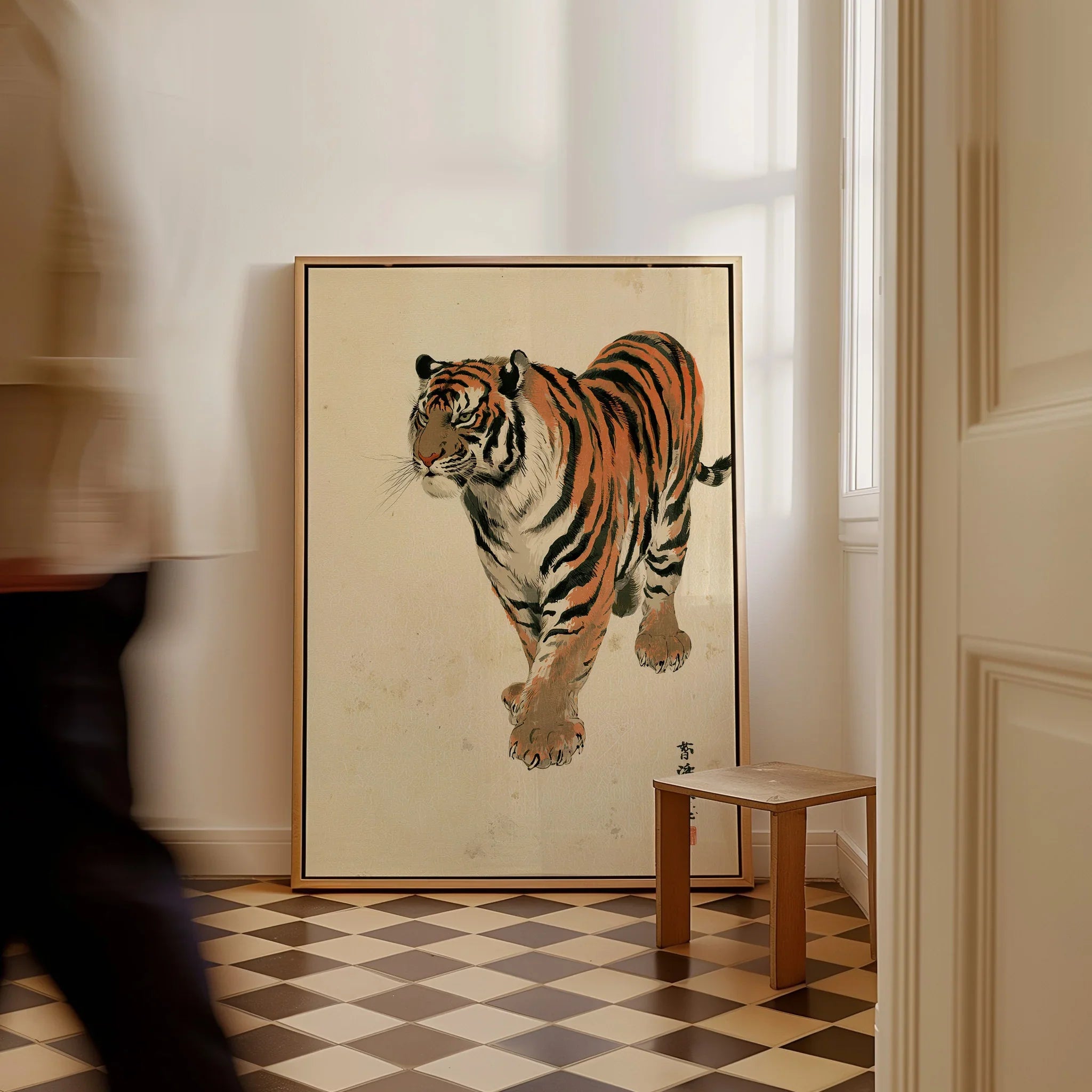 Vintage Japanese Tiger Art Print – Wildlife Wall Art — framed canvas on floor man walking past