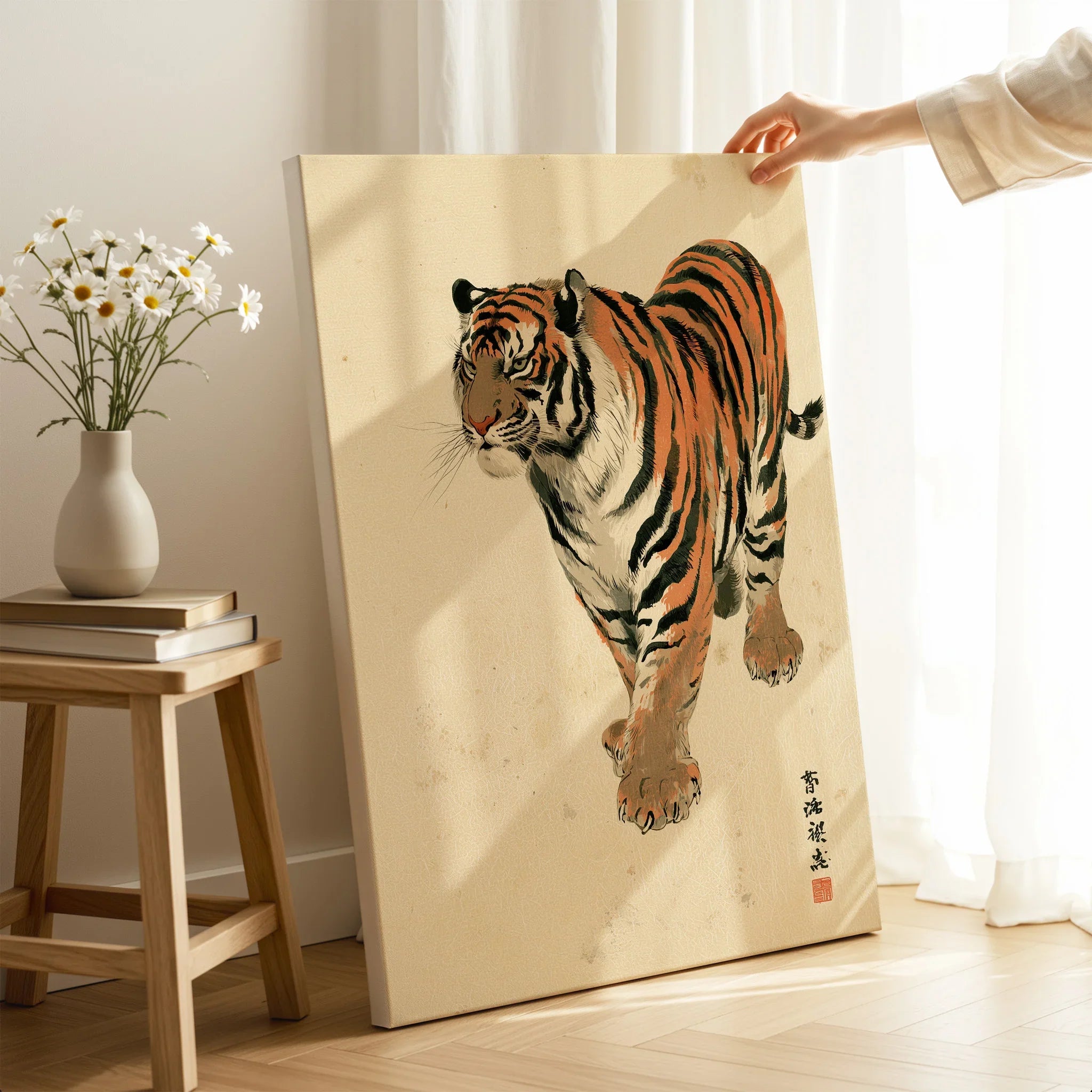 Vintage Japanese Tiger Art Print – Wildlife Wall Art — canvas print mirror edge hand holding room setting