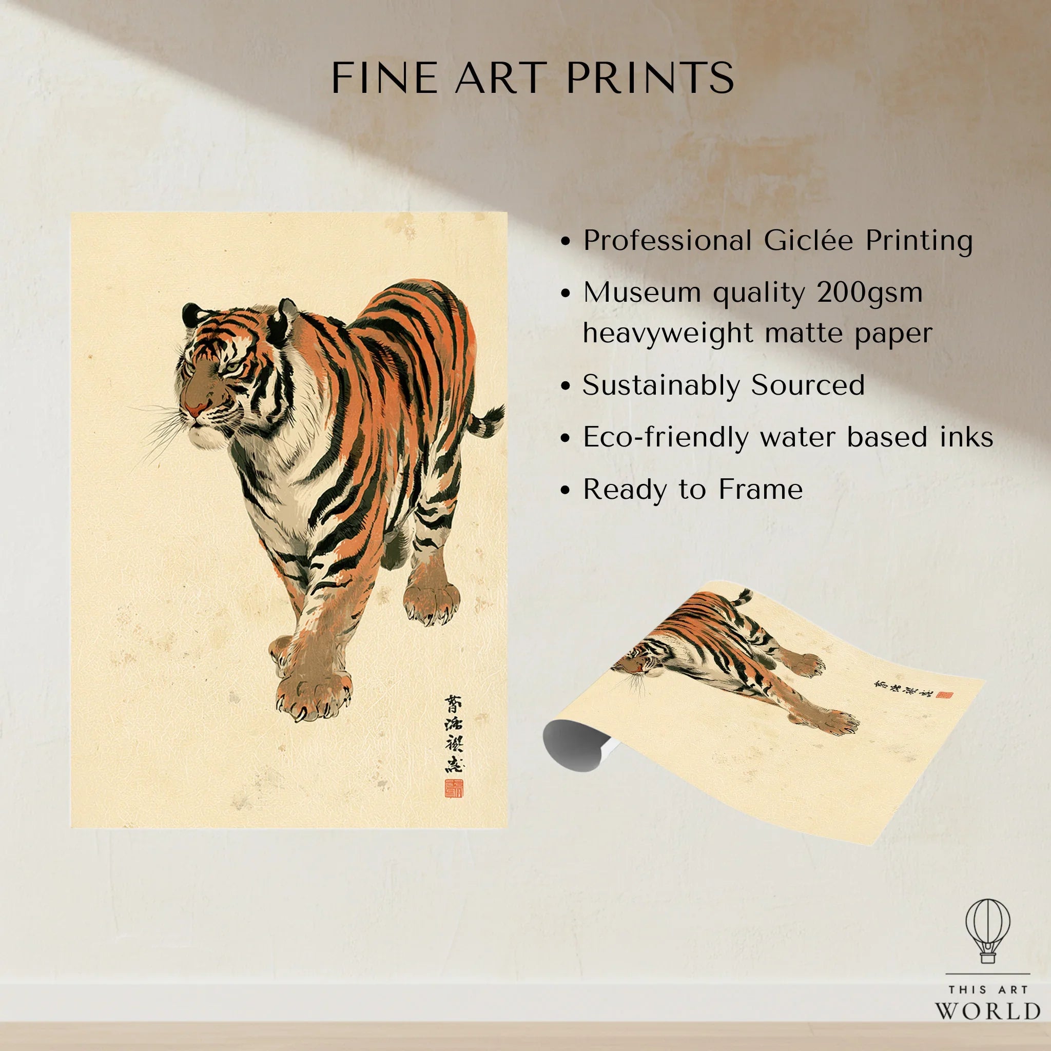 Vintage Japanese Tiger Art Print – Wildlife Wall Art — fine art print unframed quality details