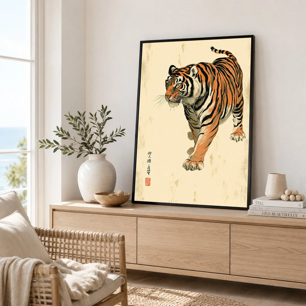 Japanese Tiger Art Print – Vintage Animal Wall Decor — framed artwork living room lifestyle setting