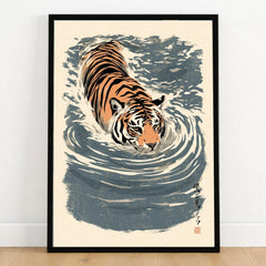 Japanese Tiger Wall Art – Blue Vintage Art Print — art print in black frame on wooden floor