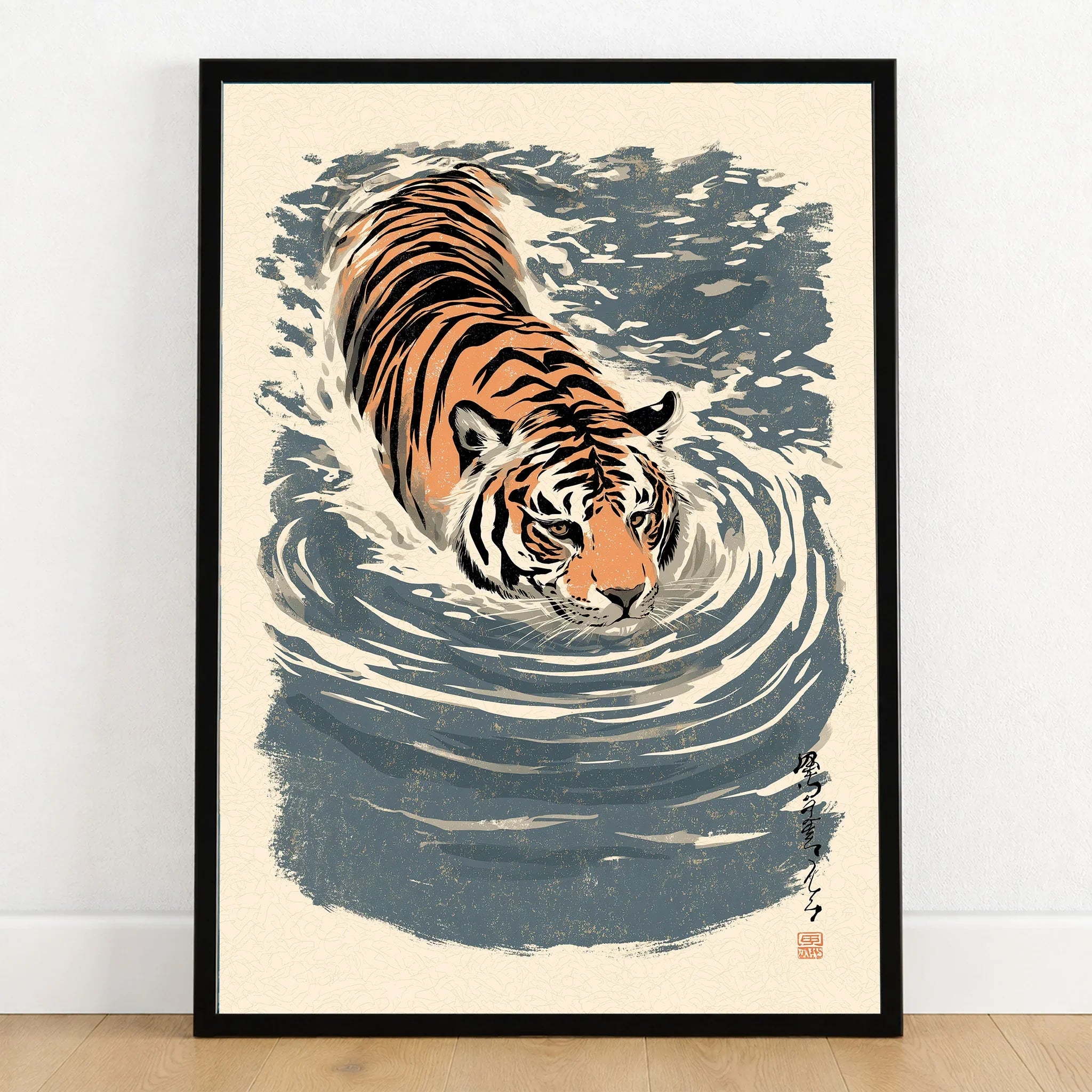 Japanese Tiger Wall Art – Blue Vintage Art Print — art print in black frame on wooden floor