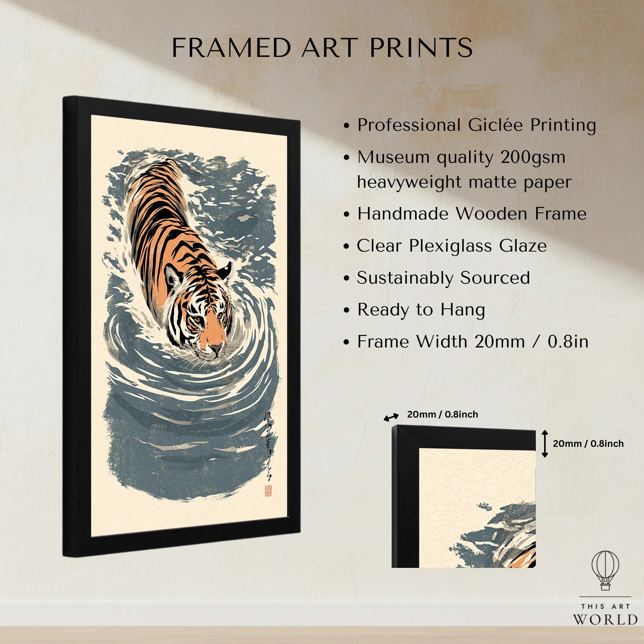 Japanese Tiger Wall Art – Blue Vintage Art Print — framed print details measurements quality details