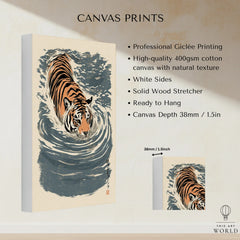 Japanese Tiger Wall Art – Blue Vintage Art Print — canvas print stretched cotton canvas details
