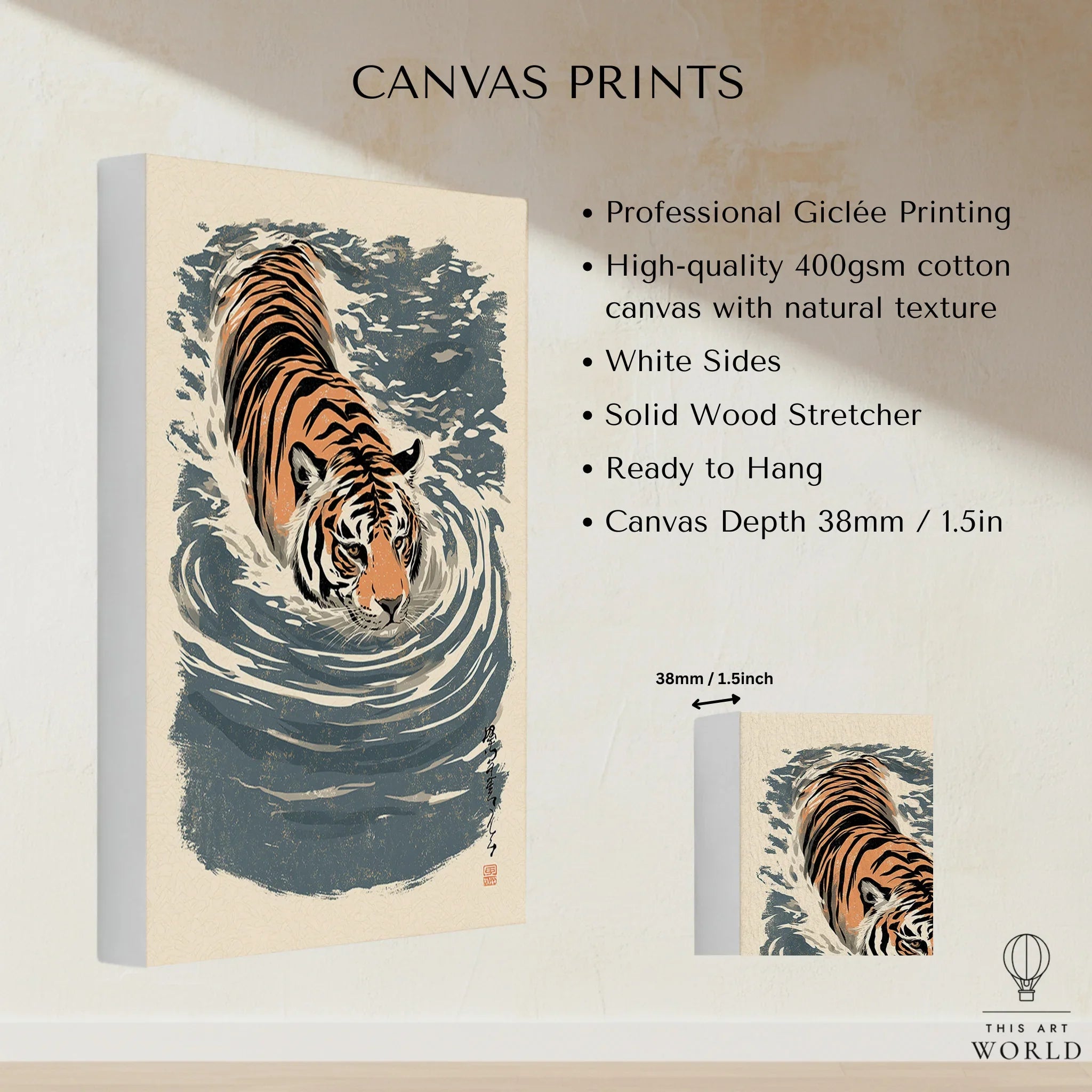 Japanese Tiger Wall Art – Blue Vintage Art Print — canvas print stretched cotton canvas details