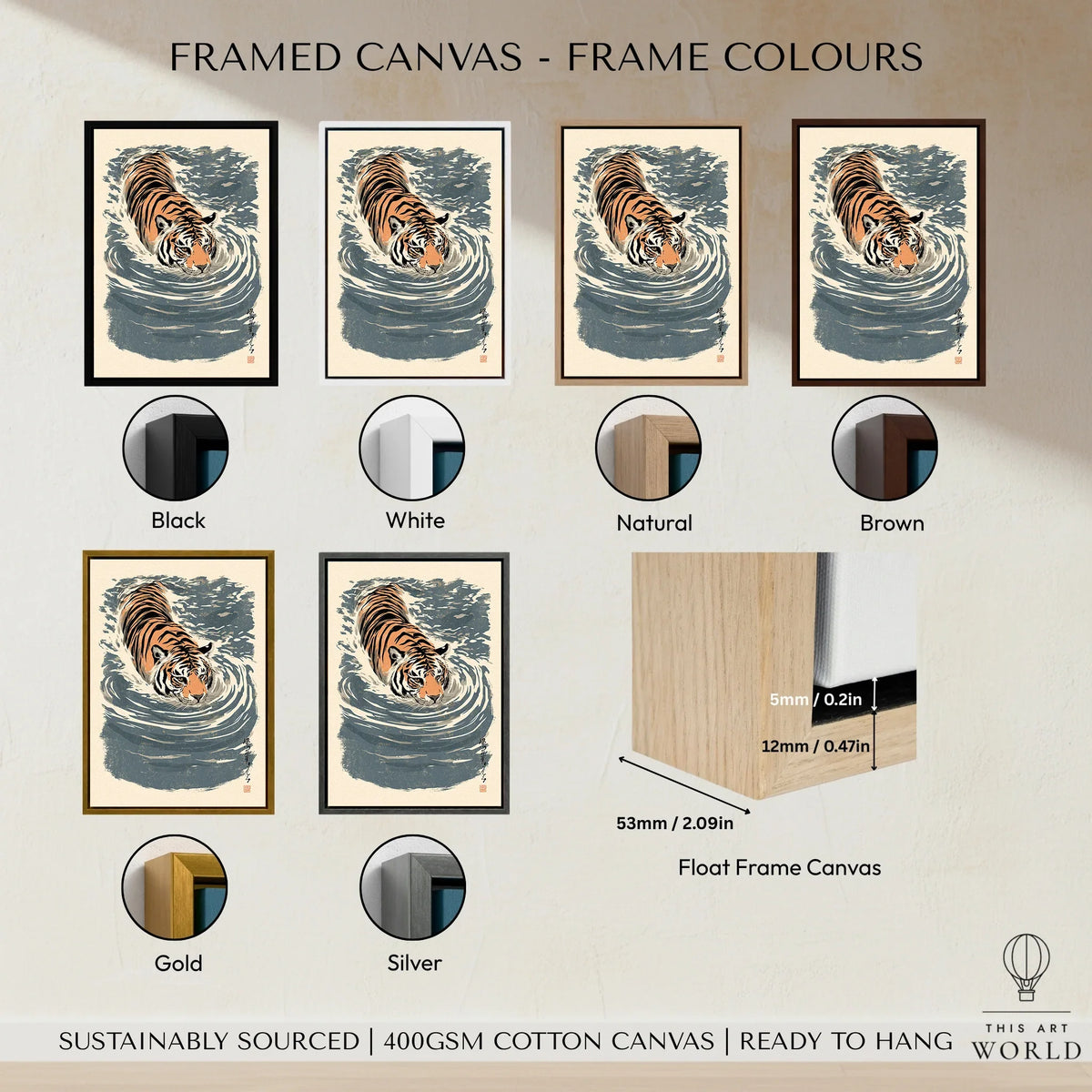 Japanese Tiger Wall Art – Blue Vintage Art Print — framed canvas float frame colour options