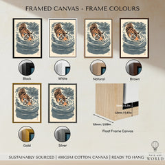 Japanese Tiger Wall Art – Blue Vintage Art Print — framed canvas float frame colour options
