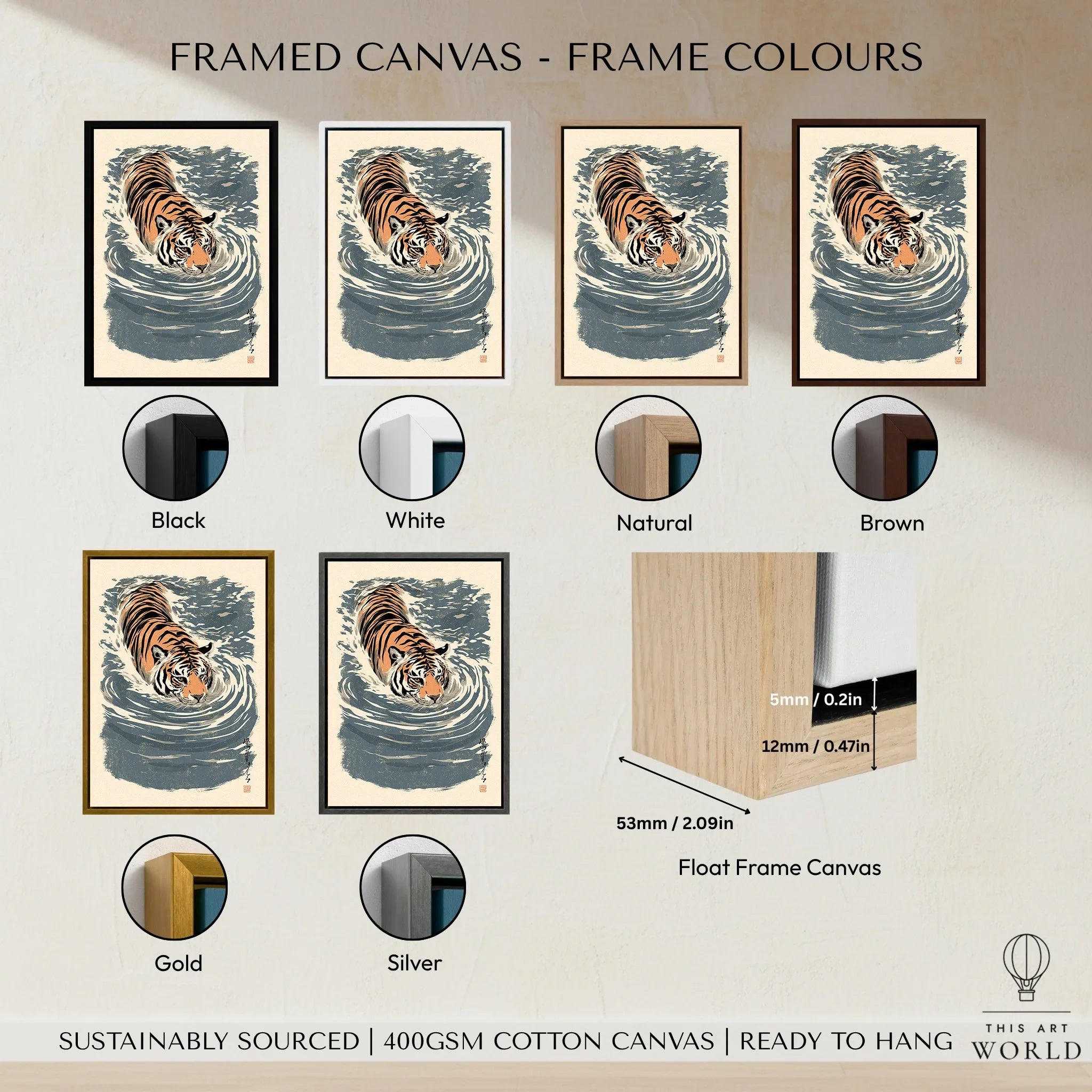 Japanese Tiger Wall Art – Blue Vintage Art Print — framed canvas float frame colour options