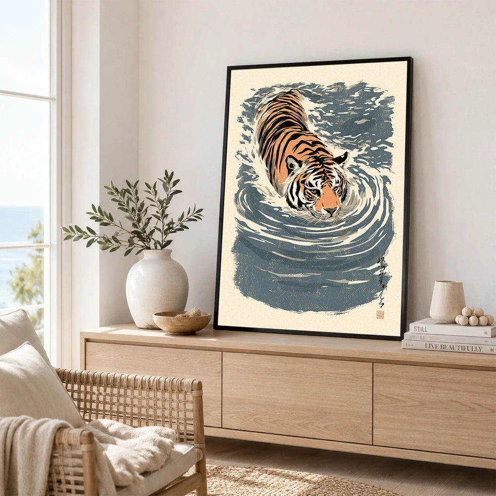 Japanese Tiger Wall Art – Blue Vintage Art Print — framed artwork living room lifestyle setting