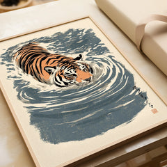 Japanese Tiger Wall Art – Blue Vintage Art Print — framed art print closeup gift unwrapped natural frame