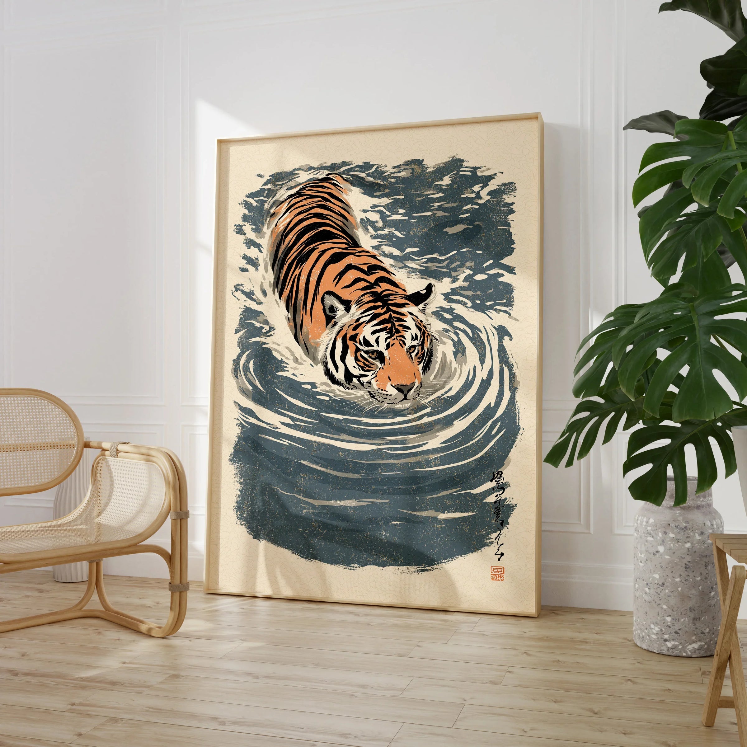 Japanese Tiger Wall Art – Blue Vintage Art Print — large framed print room setting chair plant