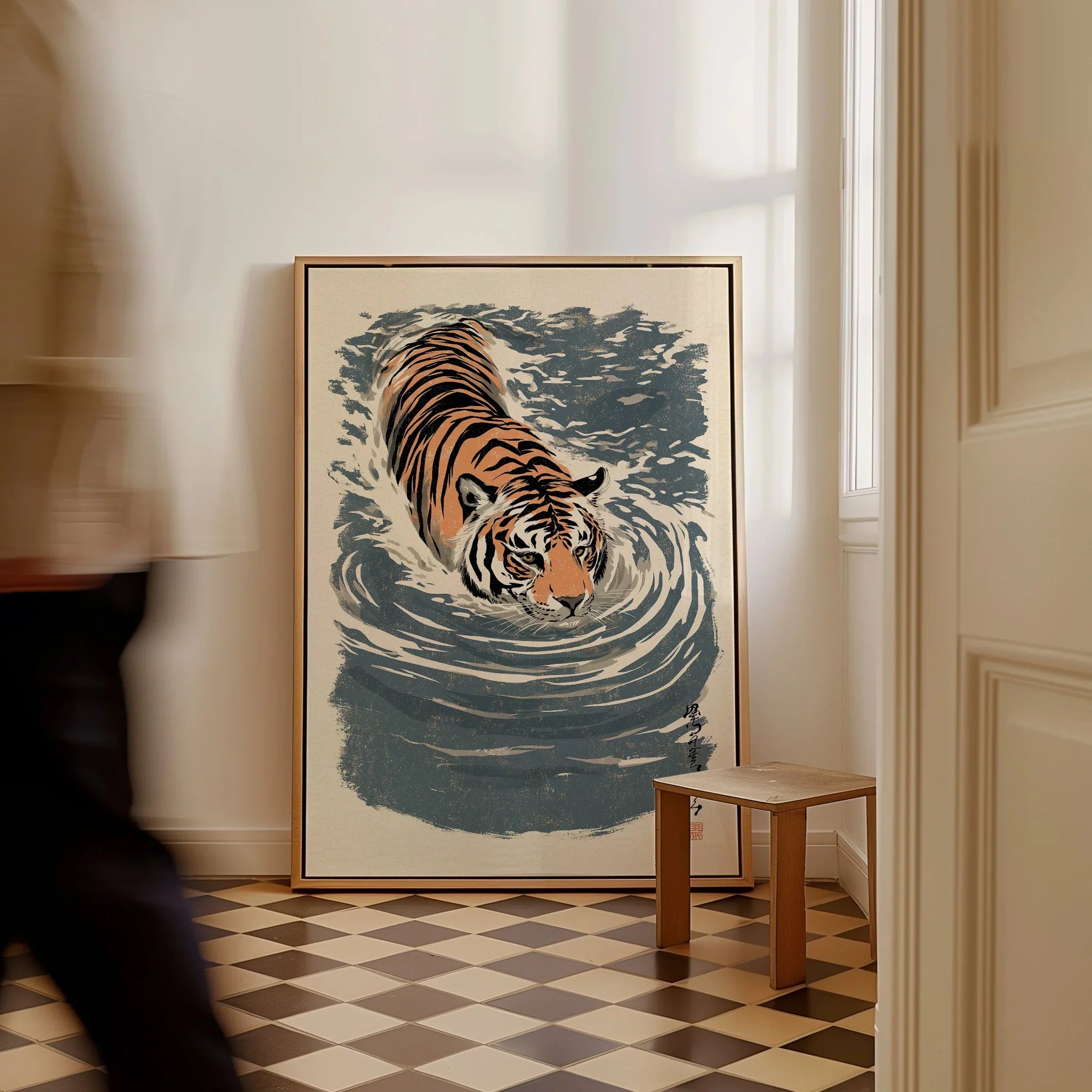 Japanese Tiger Wall Art – Blue Vintage Art Print — framed canvas on floor man walking past