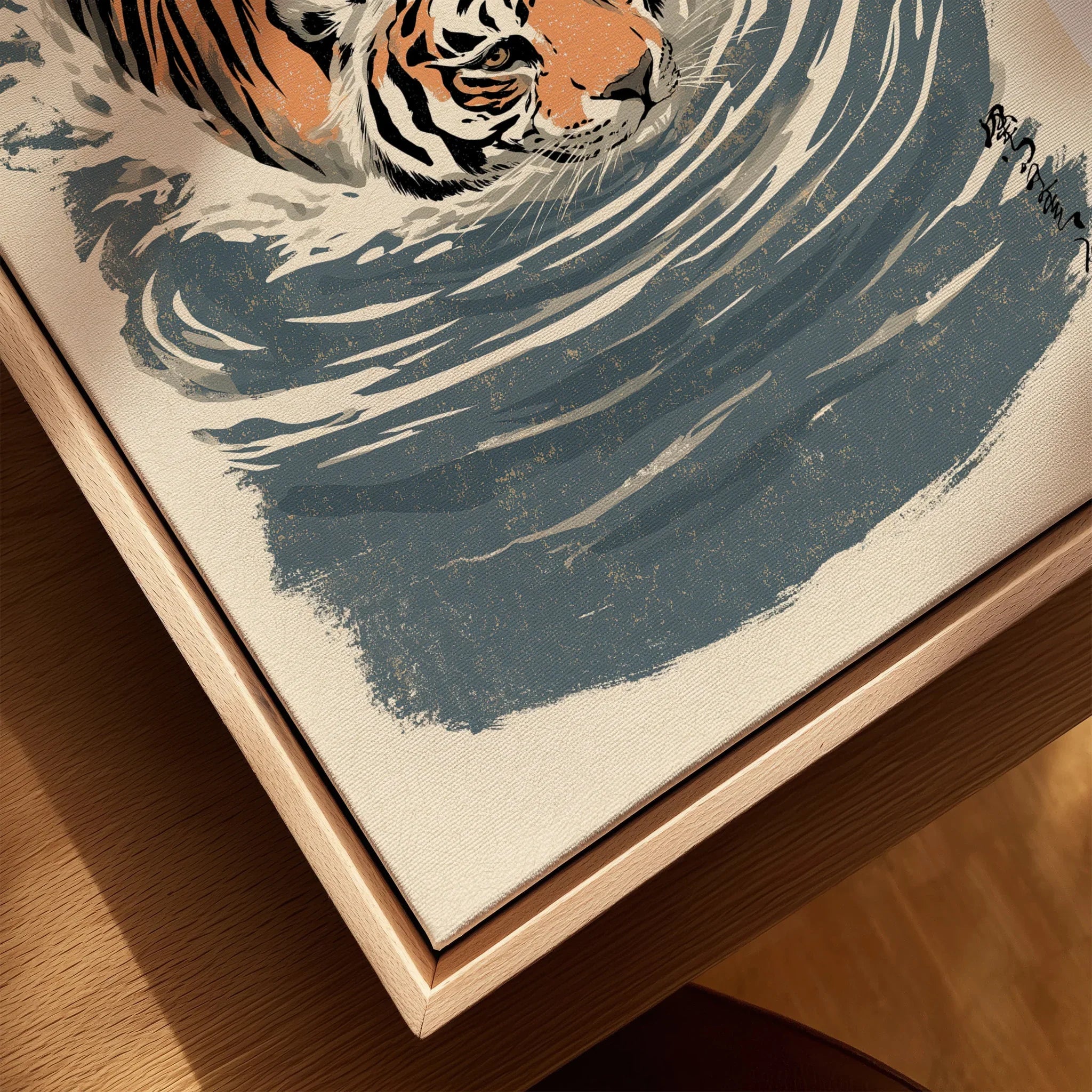 Japanese Tiger Wall Art – Blue Vintage Art Print — closeup framed canvas natural wood floating frame