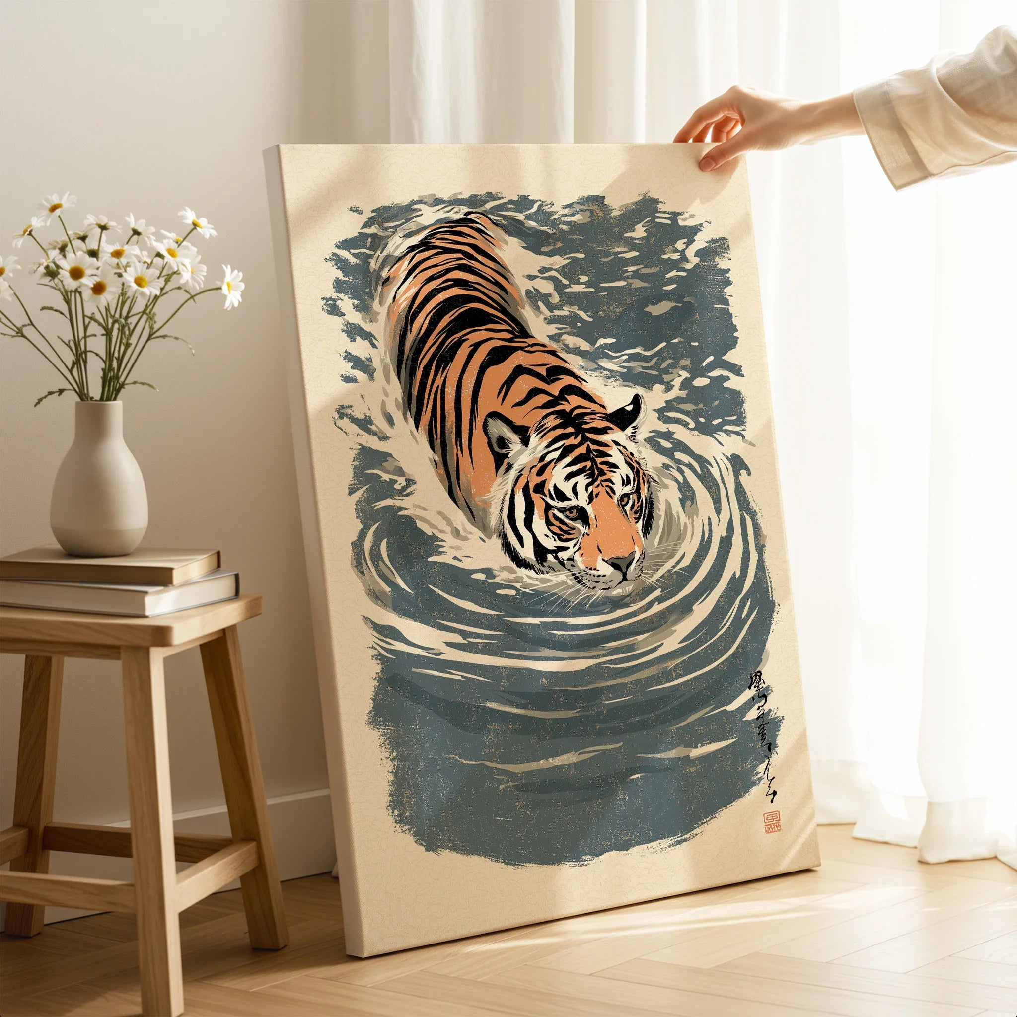 Japanese Tiger Wall Art – Blue Vintage Art Print — canvas print mirror edge hand holding room setting