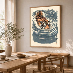 Japanese Tiger Wall Art – Blue Vintage Art Print — dining room framed print natural wood frame