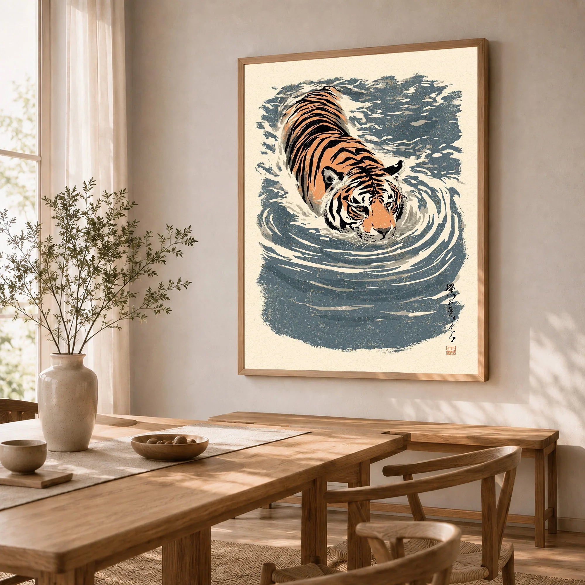 Japanese Tiger Wall Art – Blue Vintage Art Print — dining room framed print natural wood frame